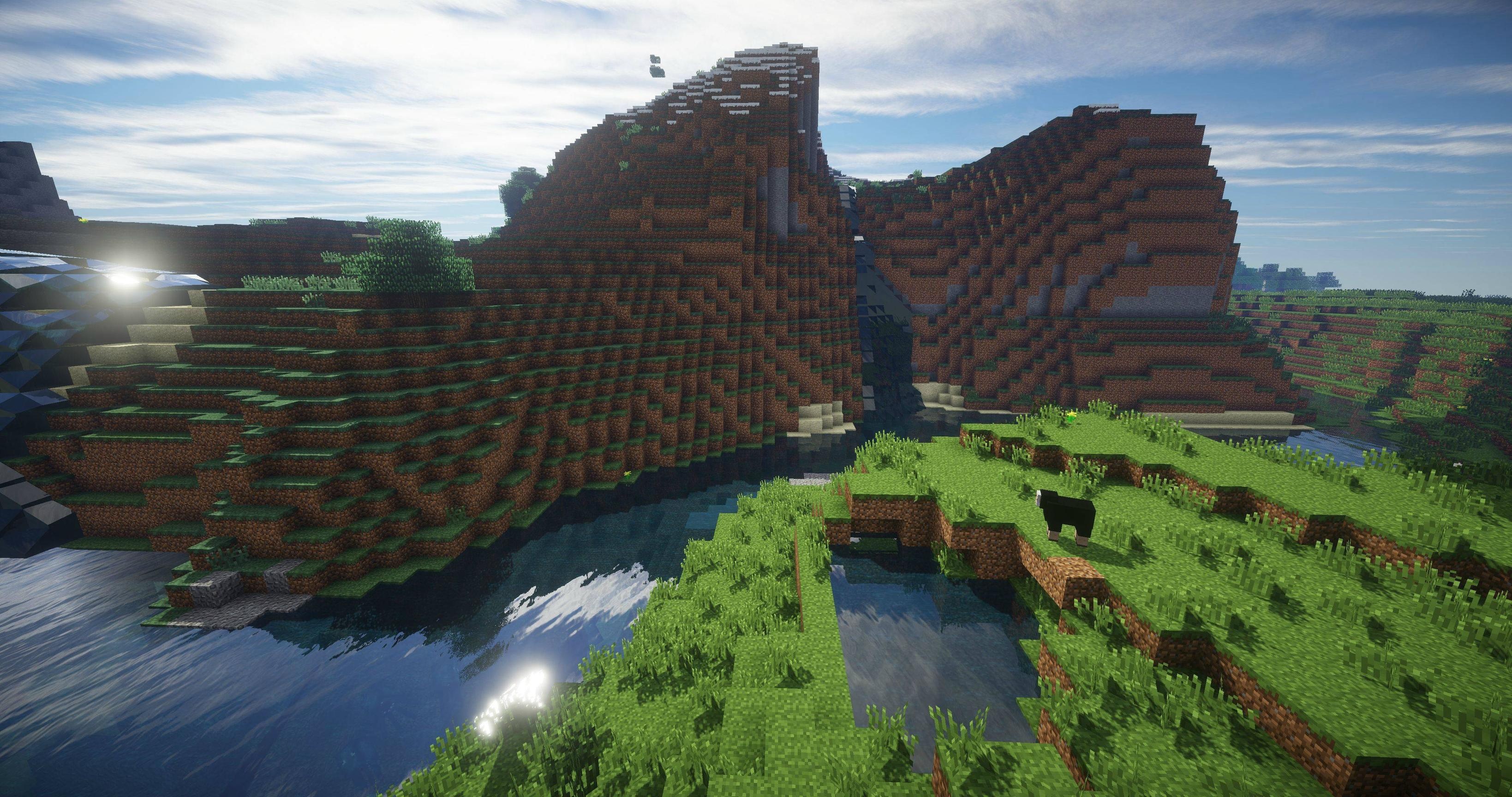 Minecraft, realistic shader water, blocky mountain valley, HD Desktop wallpaper