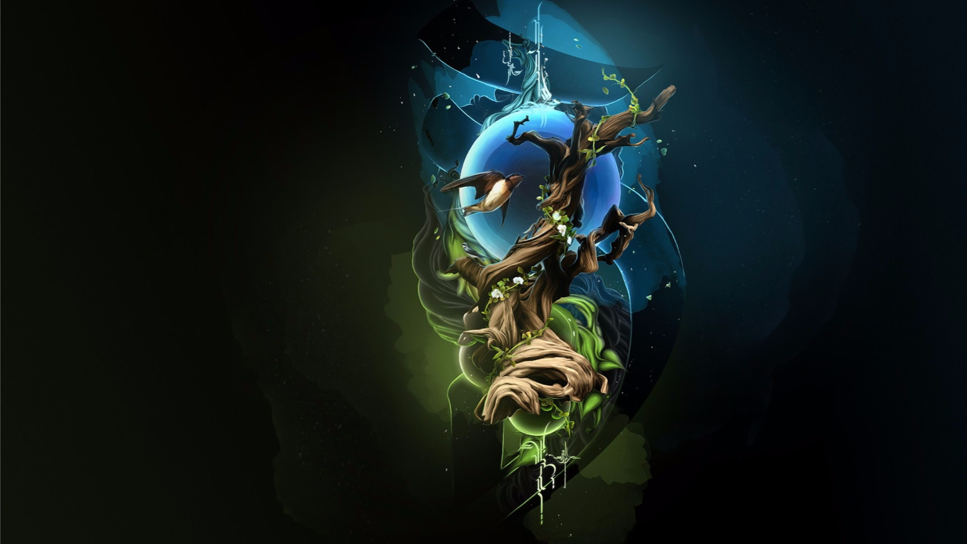 gnarled tree trunk, glowing blue orb, flying brown songbird, 4K Desktop wallpaper
