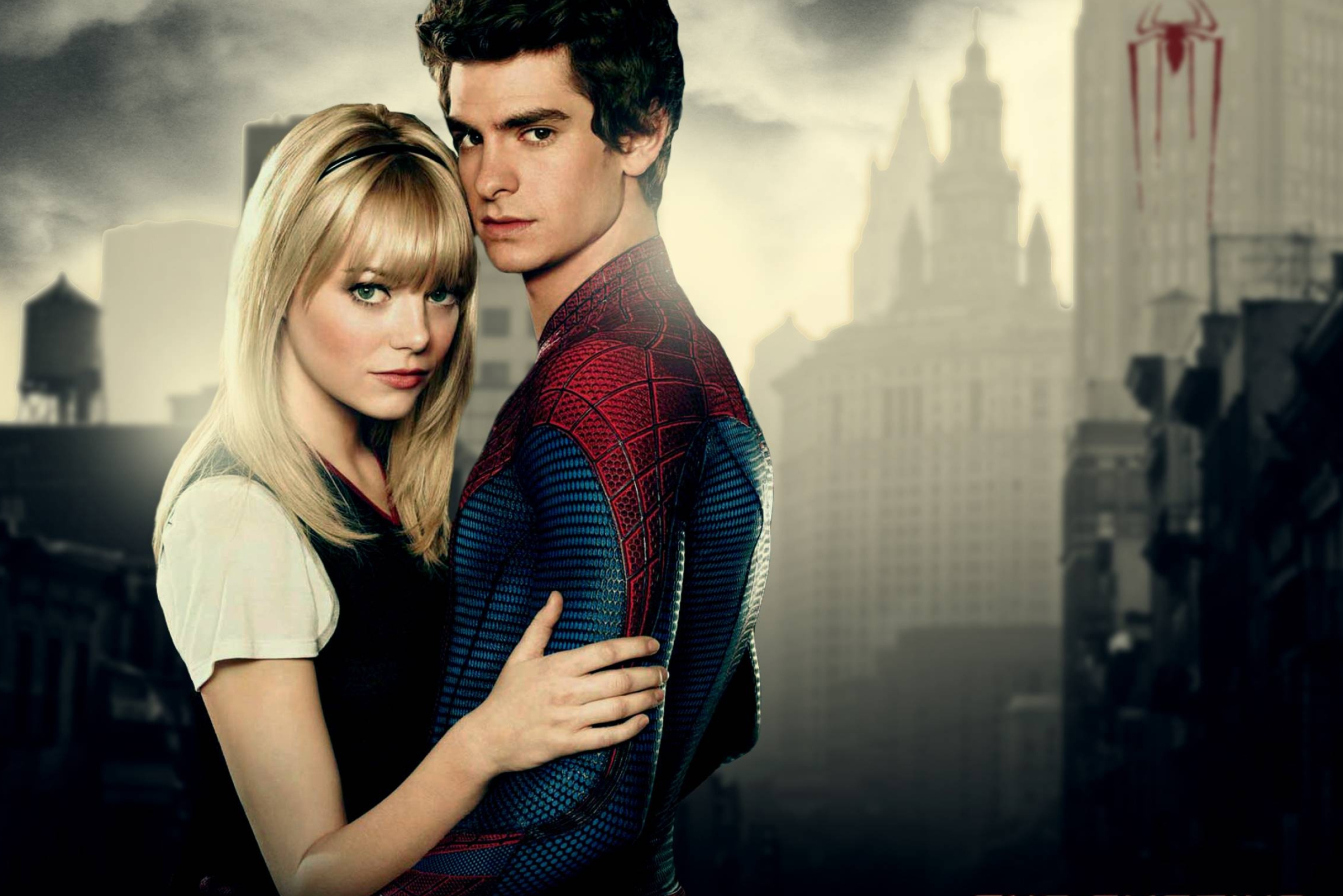 Andrew Garfield as Spider-Man, Emma Stone as Gwen Stacy, New York City skyline, HD Desktop wallpaper