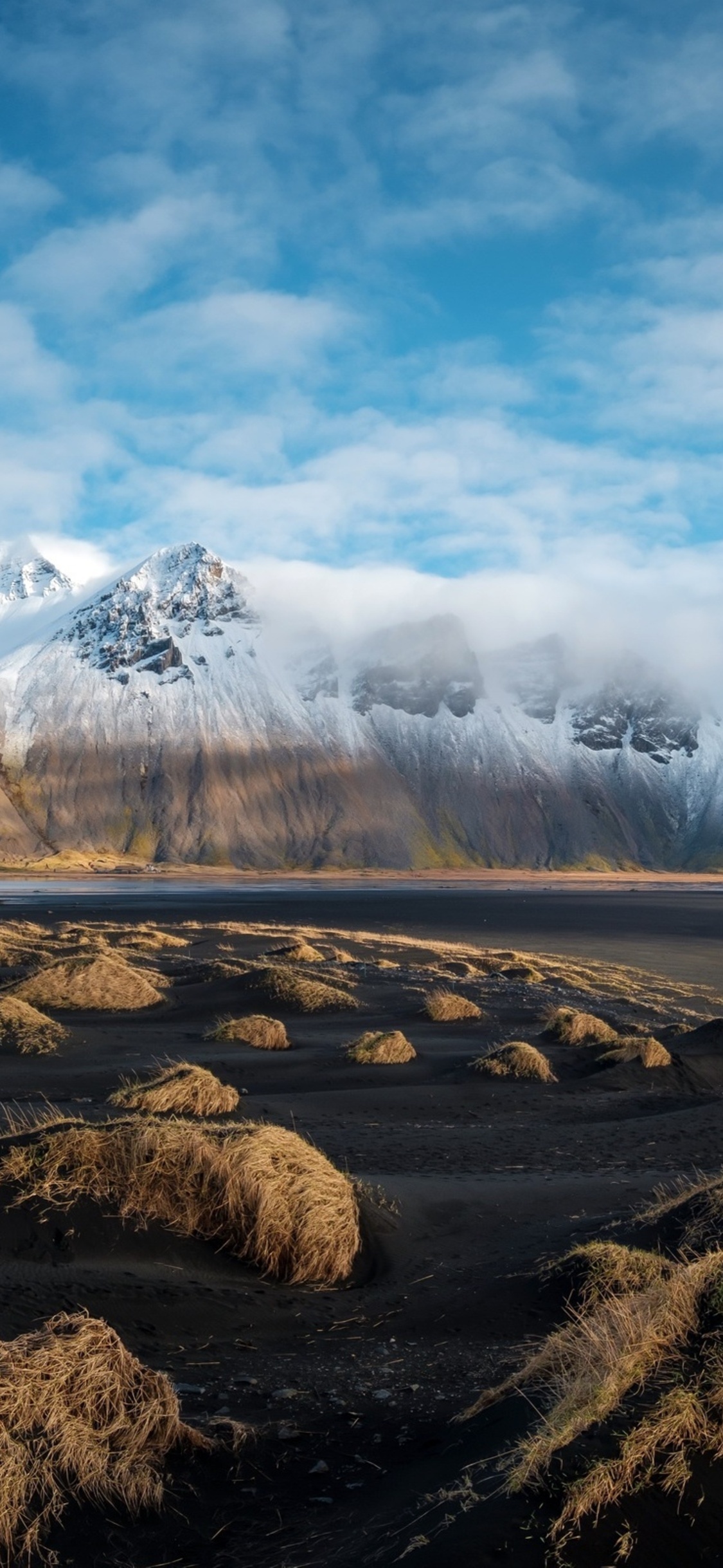 Vestrahorn mountain, Stokksnes black sand dunes, blue sky with clouds, HD Phone wallpaper