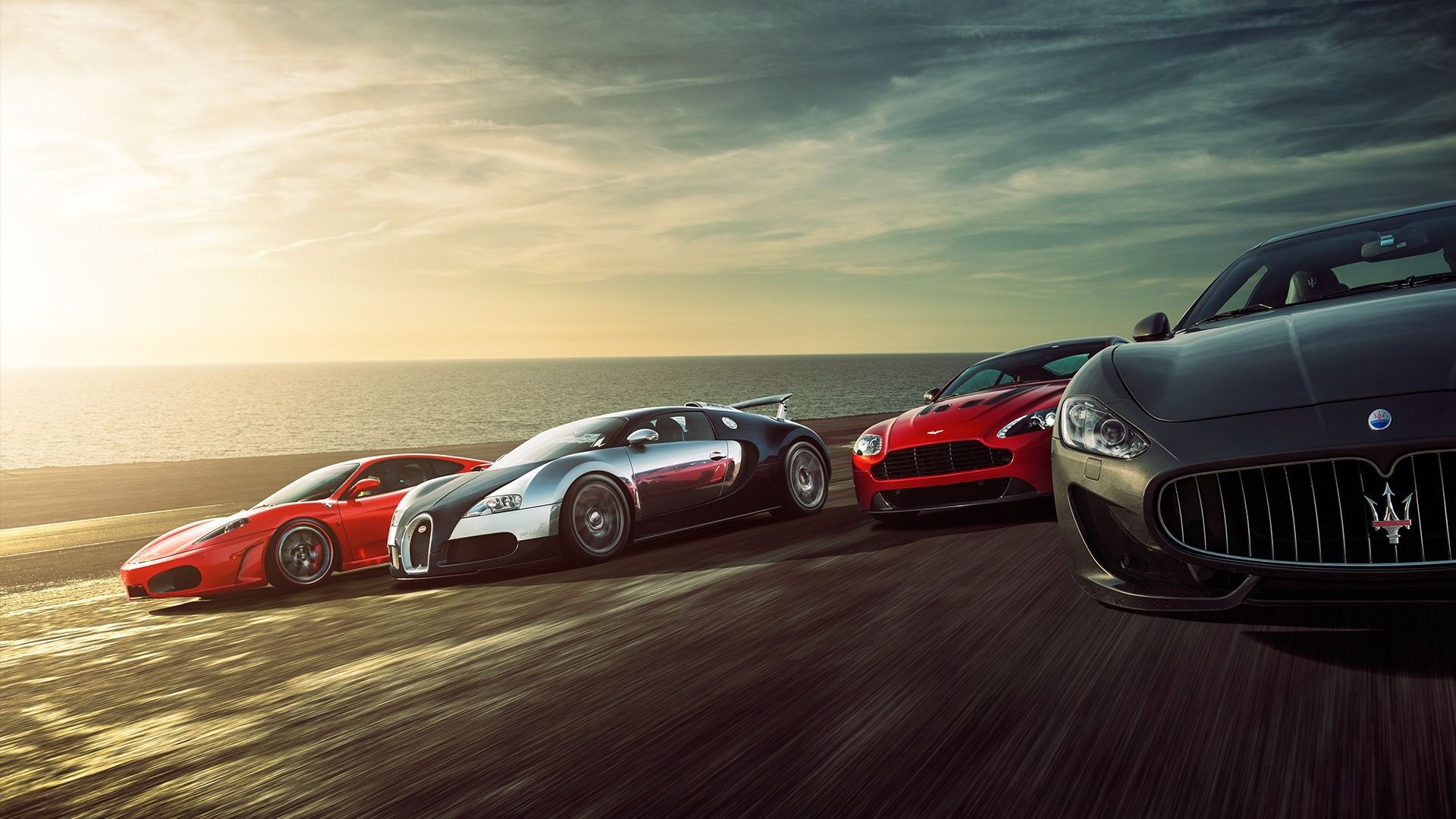 Bugatti Veyron, Maserati GranTurismo MC Stradale, Aston Martin V12 Vantage, Ferrari 430 Scuderia, Full HD Desktop wallpaper