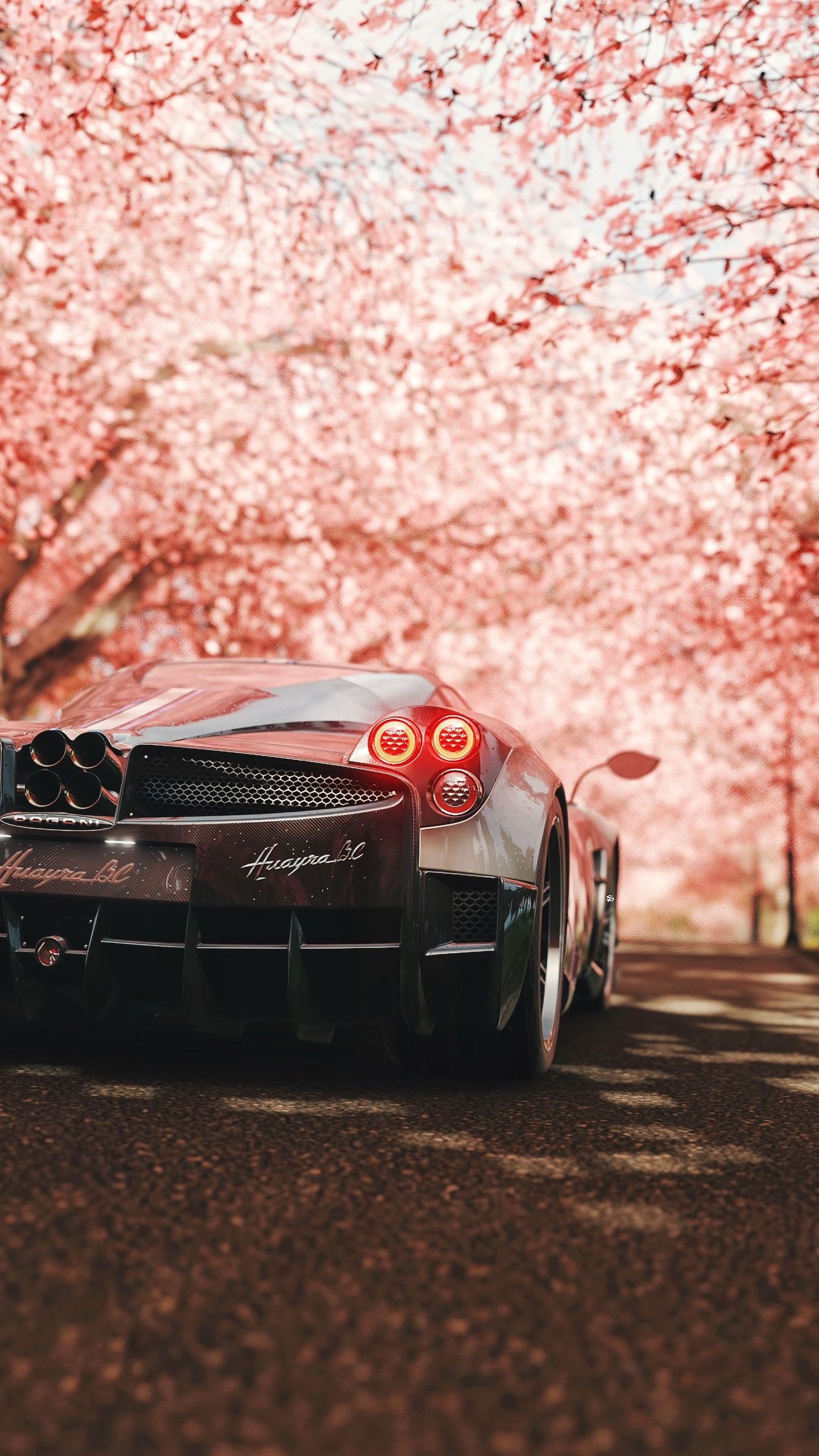 Pagani Huayra BC, pink cherry blossom canopy, quad exhaust pipes, 4K Phone wallpaper