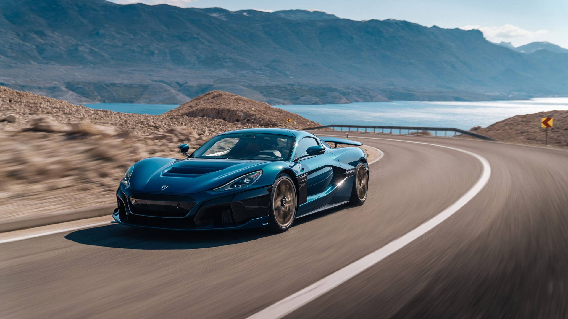 Rimac Nevera, curved coastal highway, arid mountain coastline, Full HD Desktop wallpaper