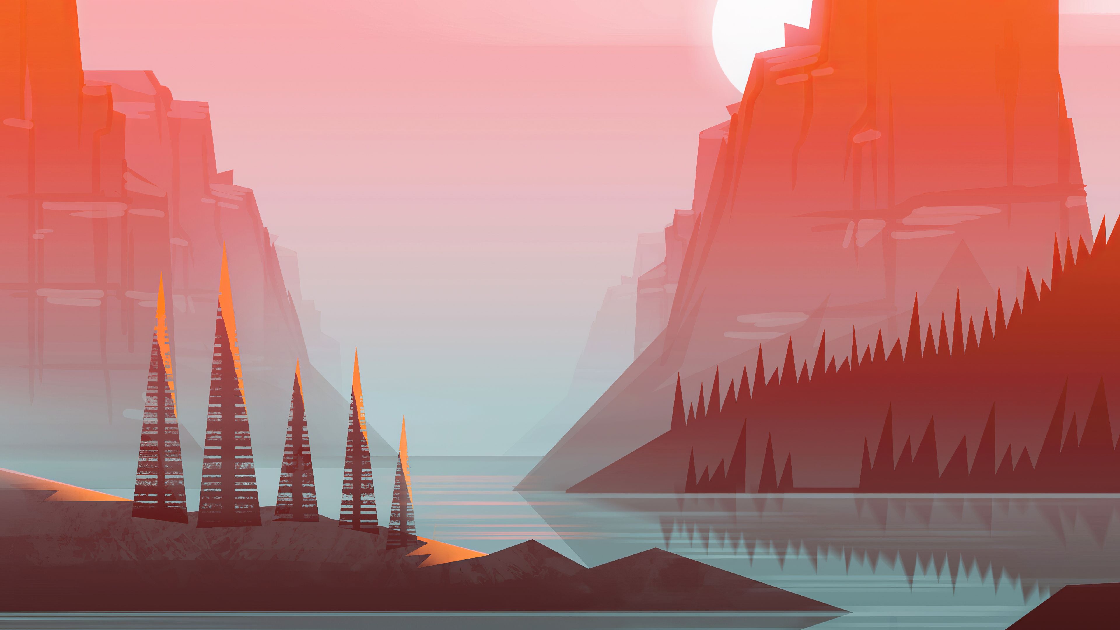 conical geometric towers, red rock canyon river, sunset pine forest silhouette, 4K Desktop wallpaper