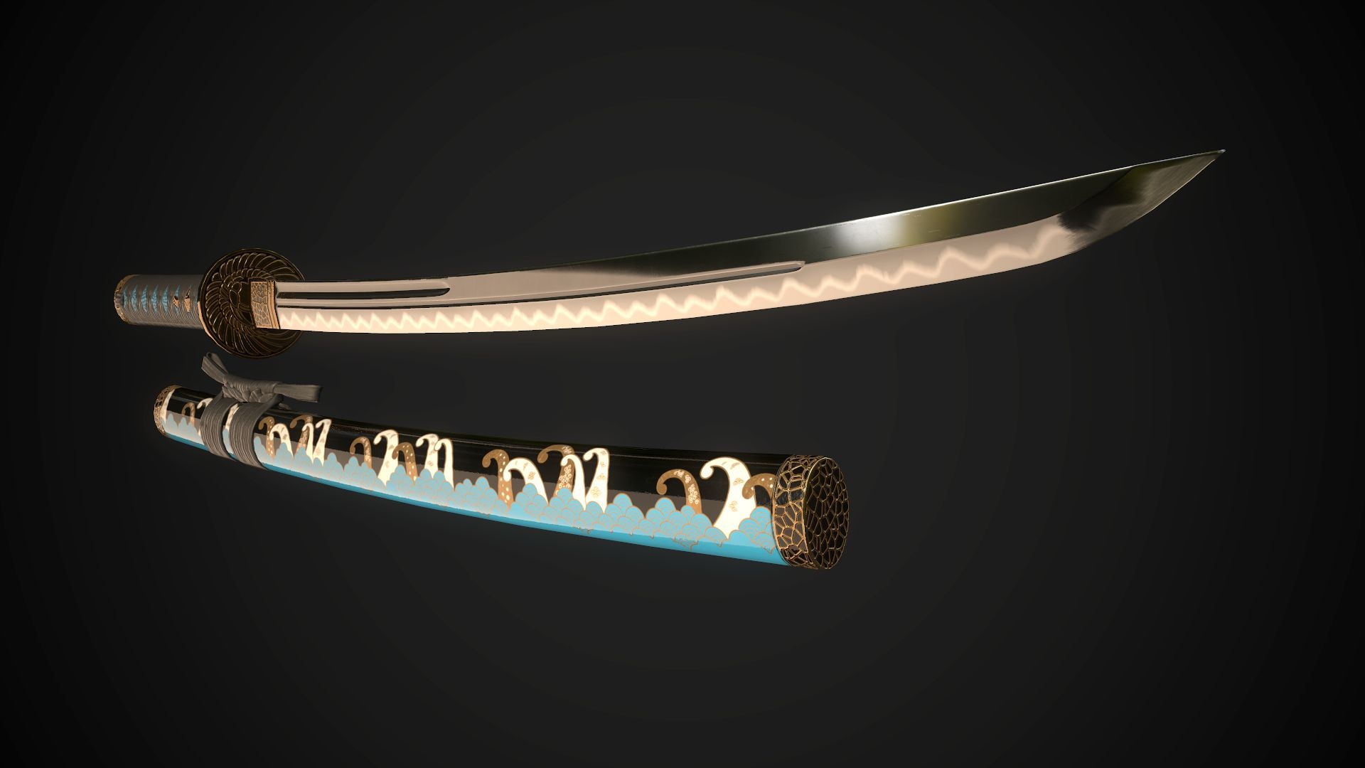 Curved katana blade, Wave patterned saya scabbard, Circular bronze tsuba handguard, Full HD Desktop wallpaper