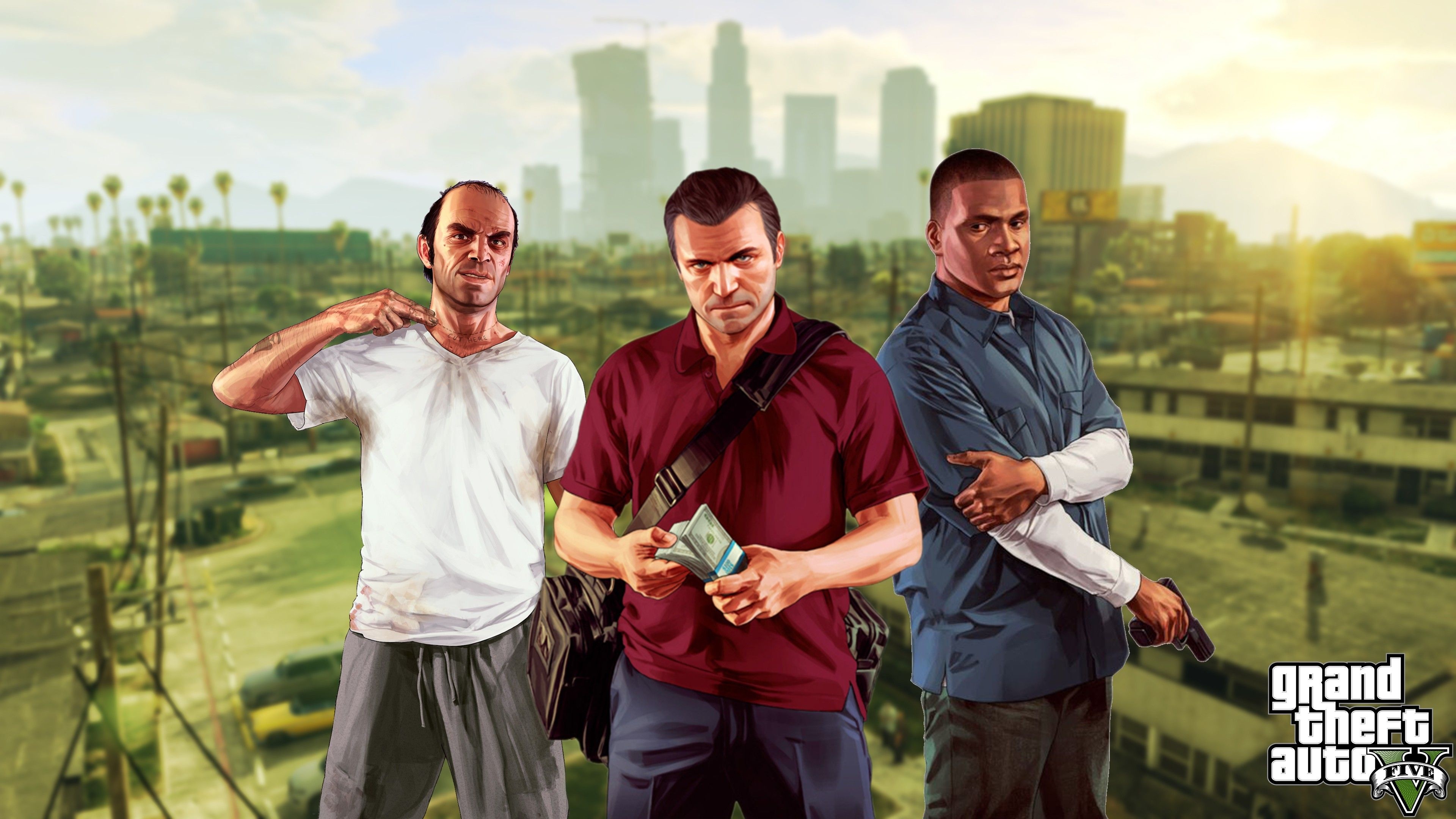 Michael De Santa in red polo, Trevor Philips in white t-shirt, Franklin Clinton in blue shirt, Los Santos skyline, Grand Theft Auto V logo, 4K Desktop wallpaper