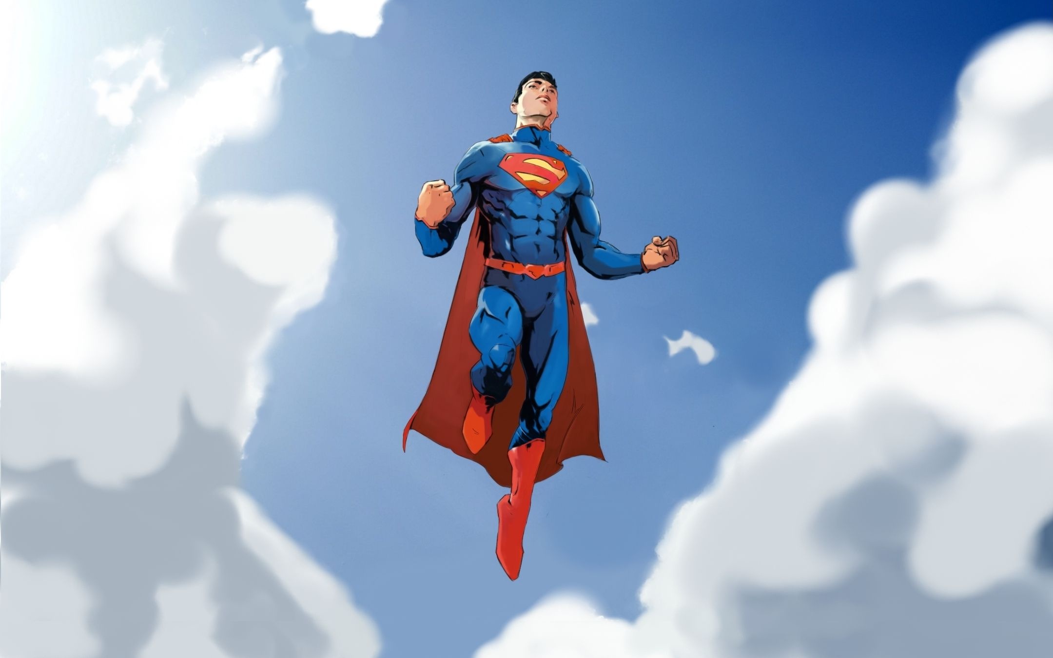 Superman, Classic Superman suit, Fluffy white clouds, HD Desktop wallpaper
