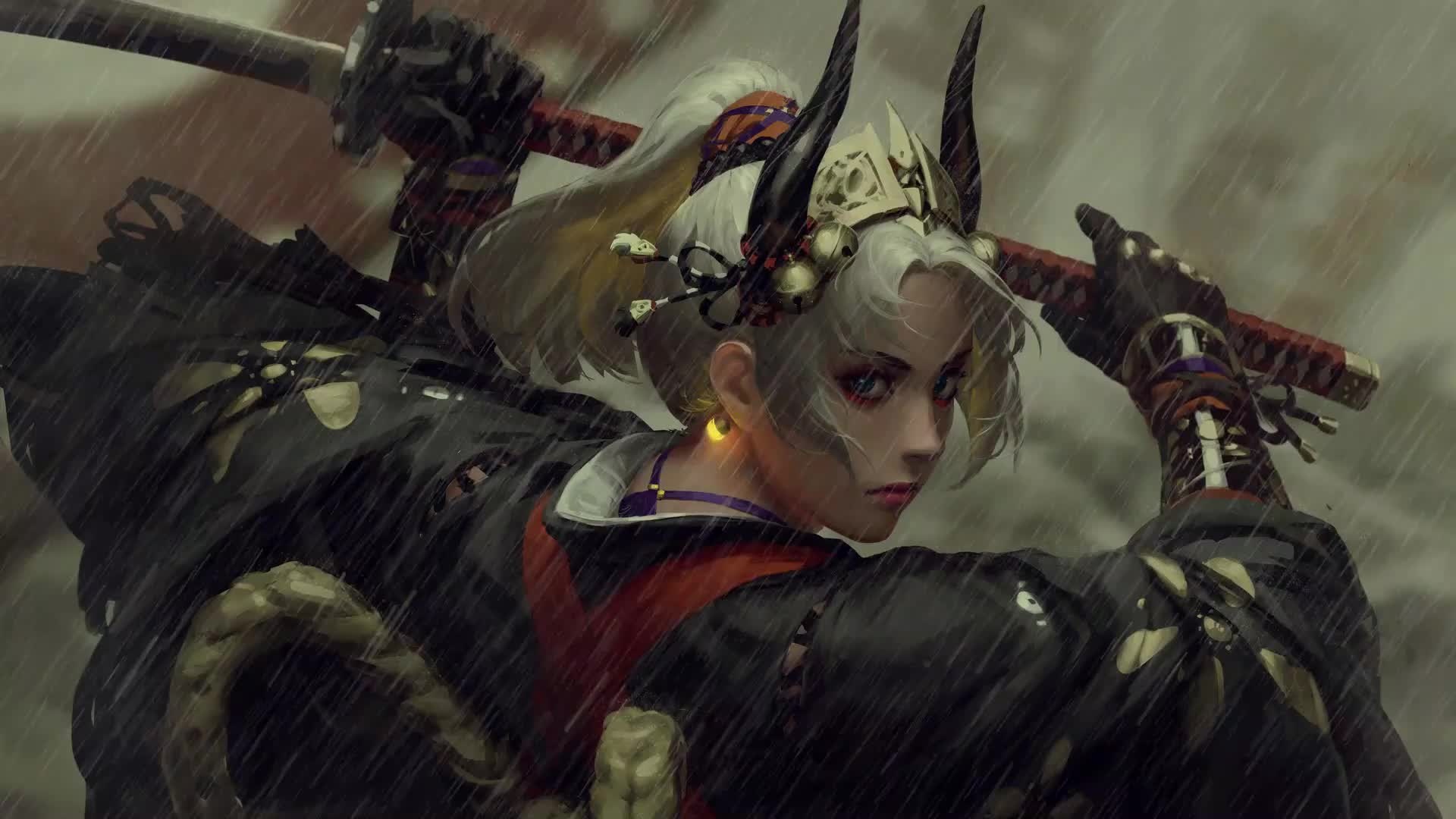 Horned female samurai warrior, Drawn katana sword, Dark rainy atmosphere, Full HD Desktop wallpaper