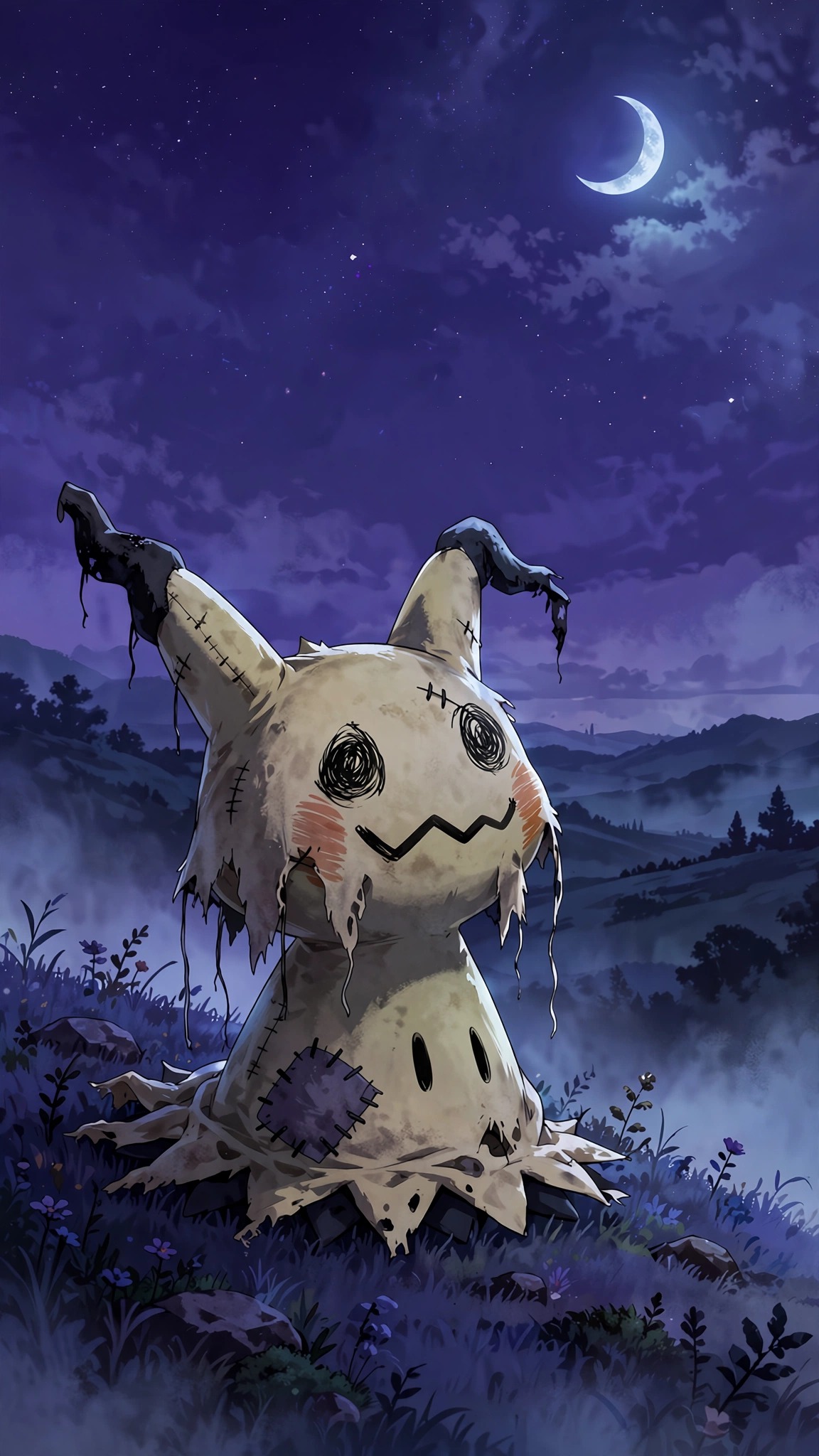 Mimikyu, Crescent moon hill, Minimalist purple night, HD Phone wallpaper