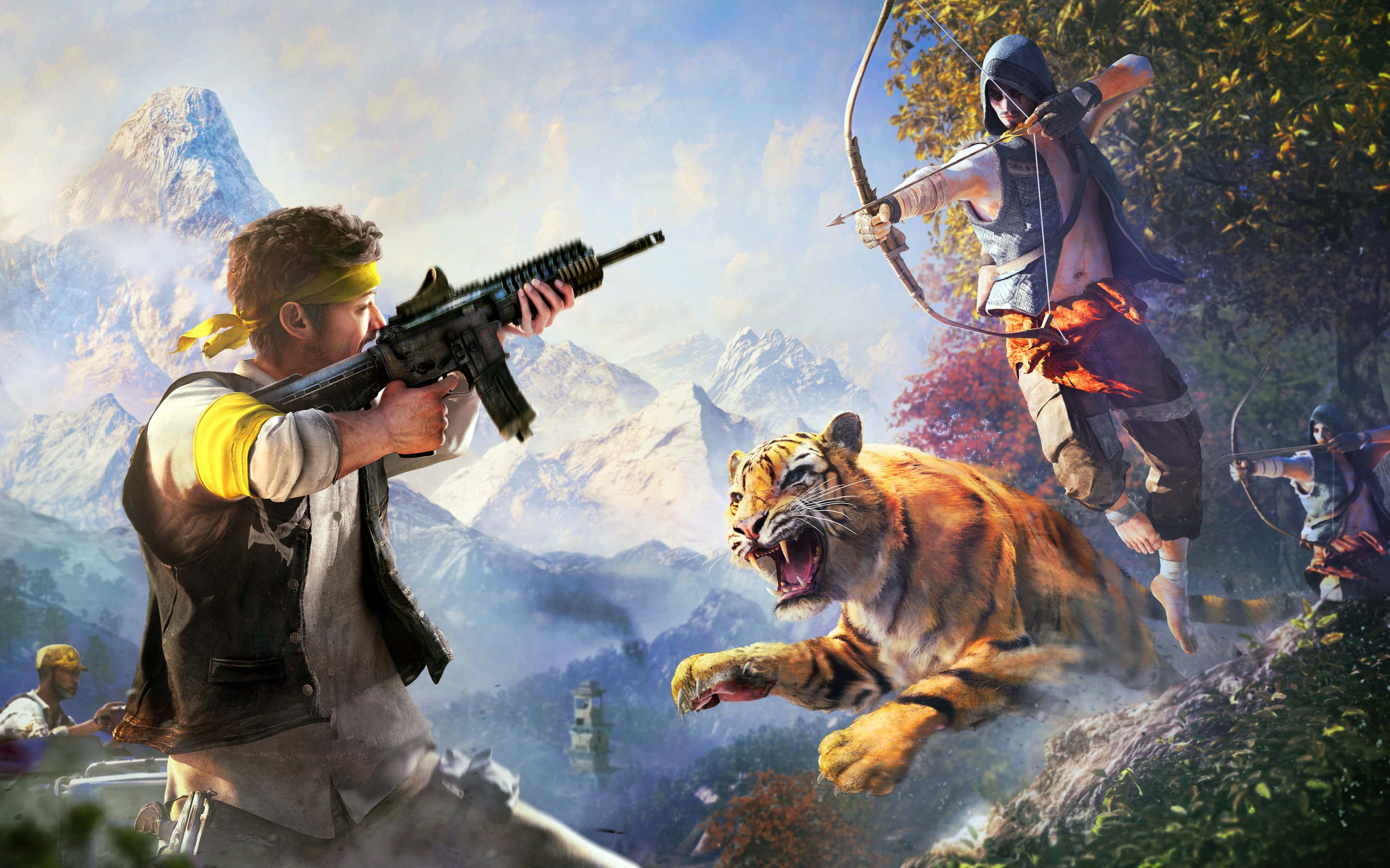 Golden Path rebel, Far Cry 4 Hunter, Leaping Bengal tiger, Kyrat mountain landscape, HD Desktop wallpaper