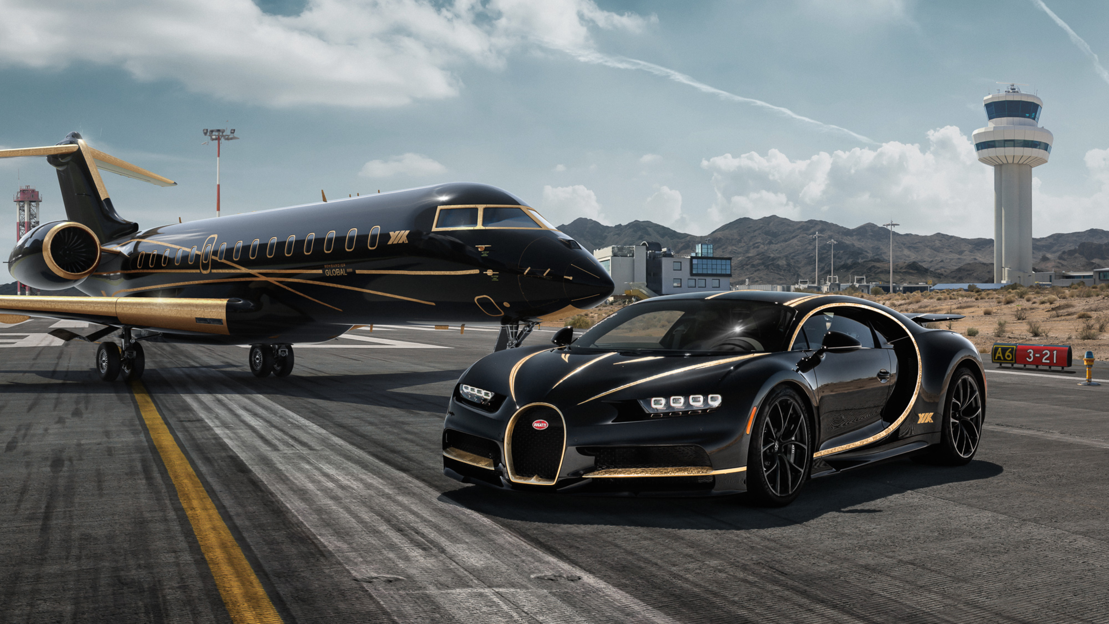 Bugatti Chiron, Bombardier Global business jet, Airport control tower, 4K Desktop wallpaper