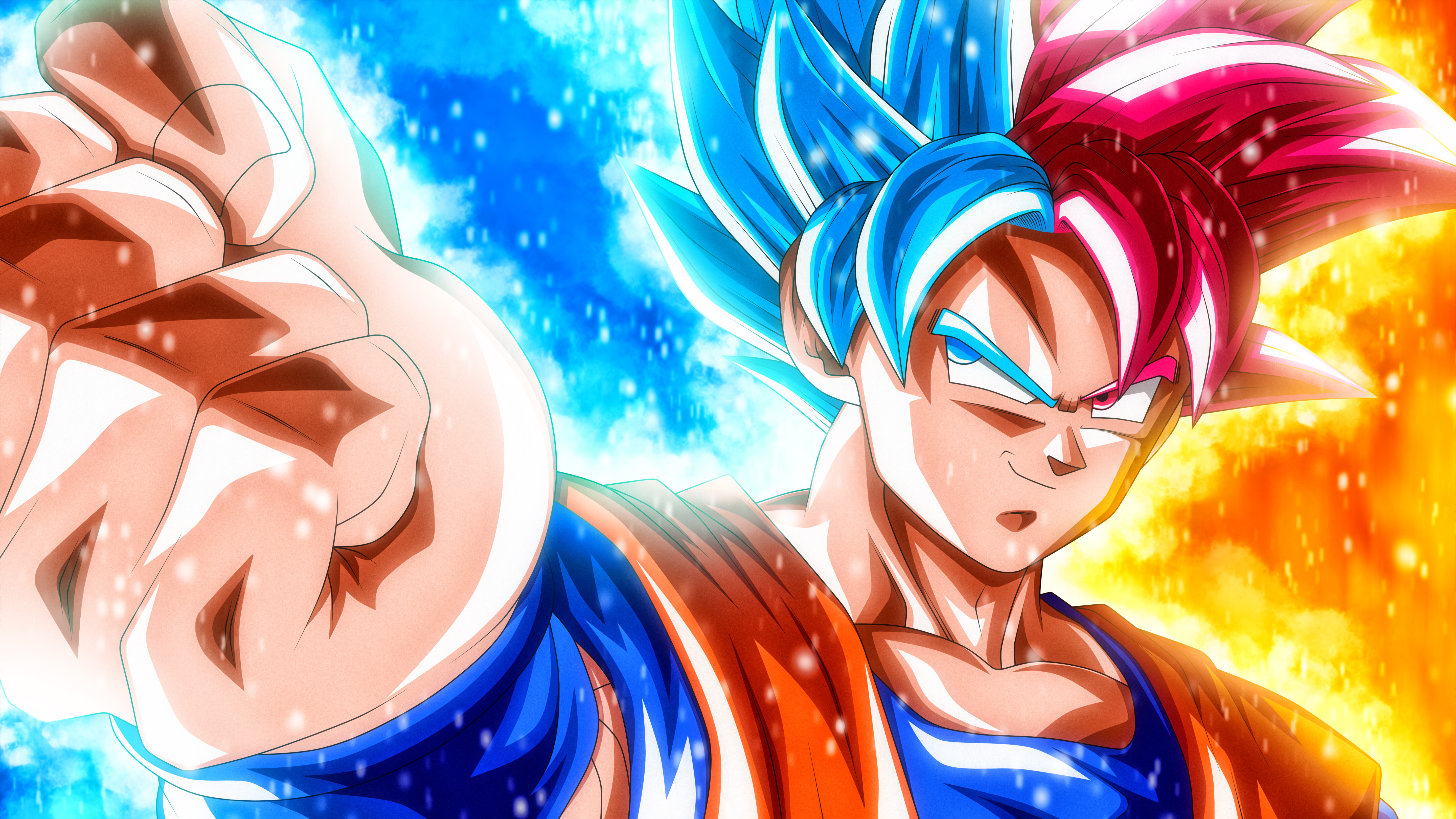Goku, Super Saiyan God, Super Saiyan Blue, Split red and blue portrait, Dragon Ball Super, 4K Desktop wallpaper