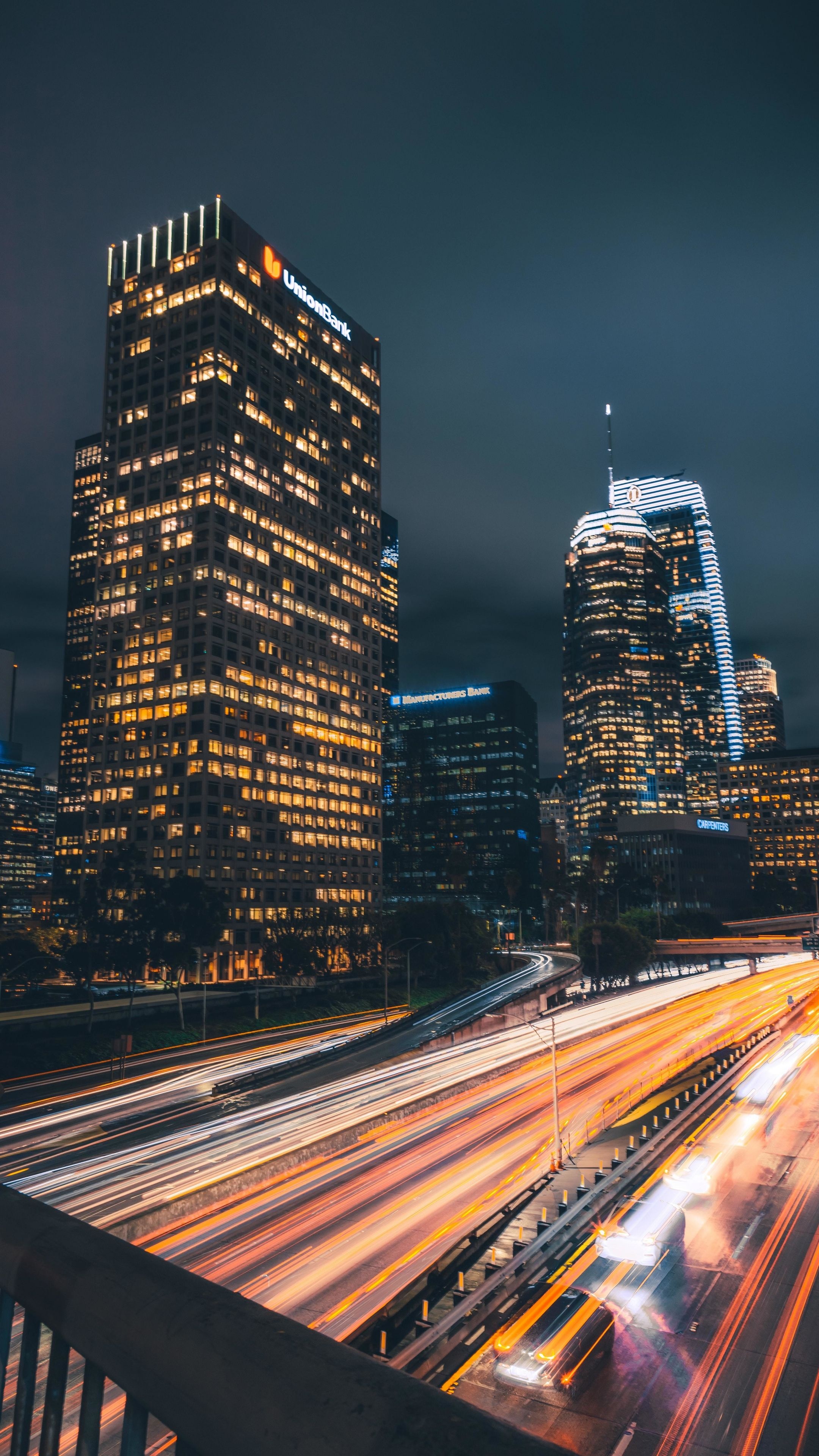 Downtown Los Angeles, Union Bank Plaza, freeway traffic light trails, 4K Phone wallpaper
