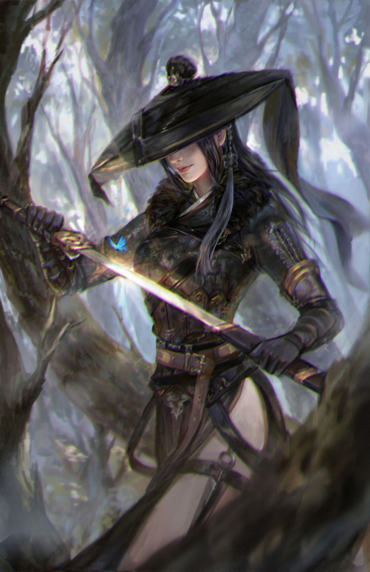 Female samurai warrior, Glowing katana sword, Misty forest canopy, HD Phone wallpaper