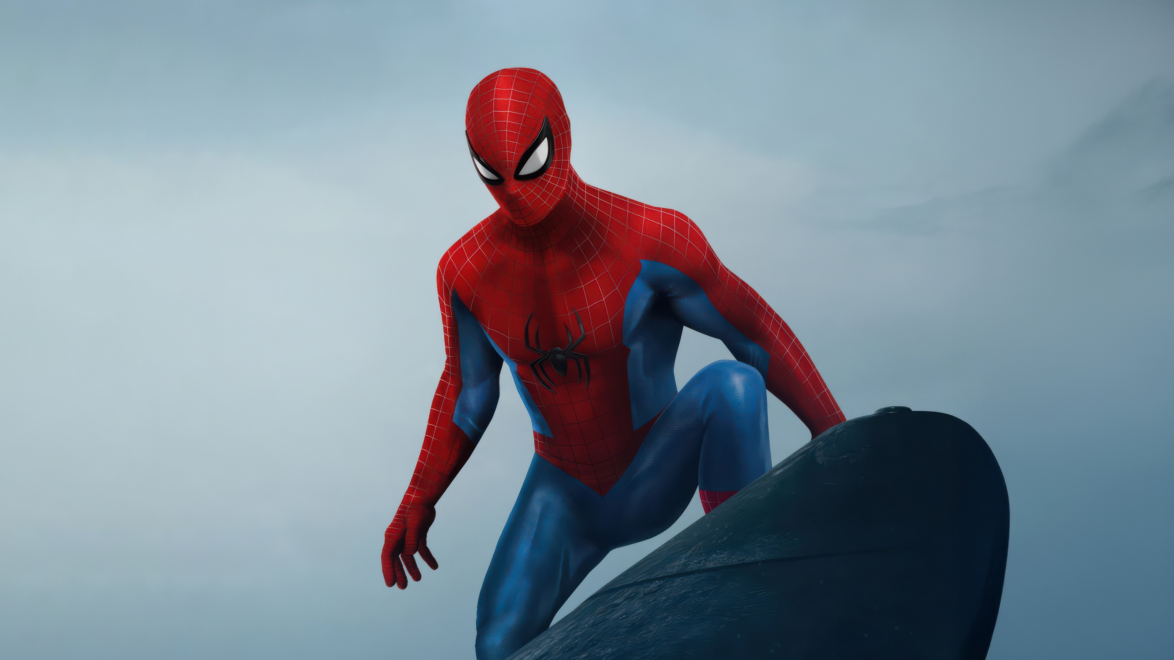 The Amazing Spider-Man 2, Crouched on curved metal, Pale overcast sky, 4K Desktop wallpaper