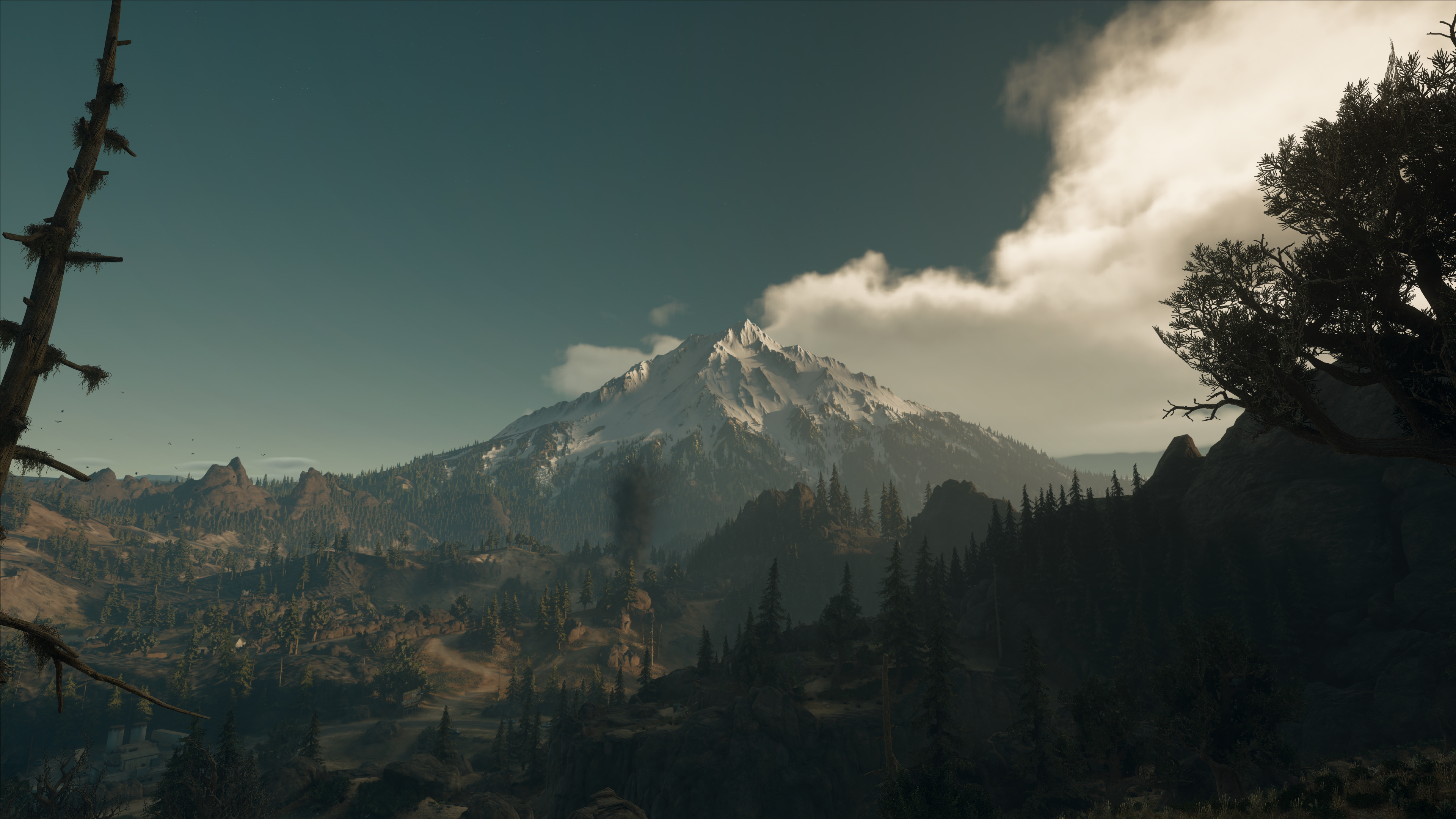 snow-capped mountain peak, Central Oregon pine forest, rising smoke plume, 4K Desktop wallpaper