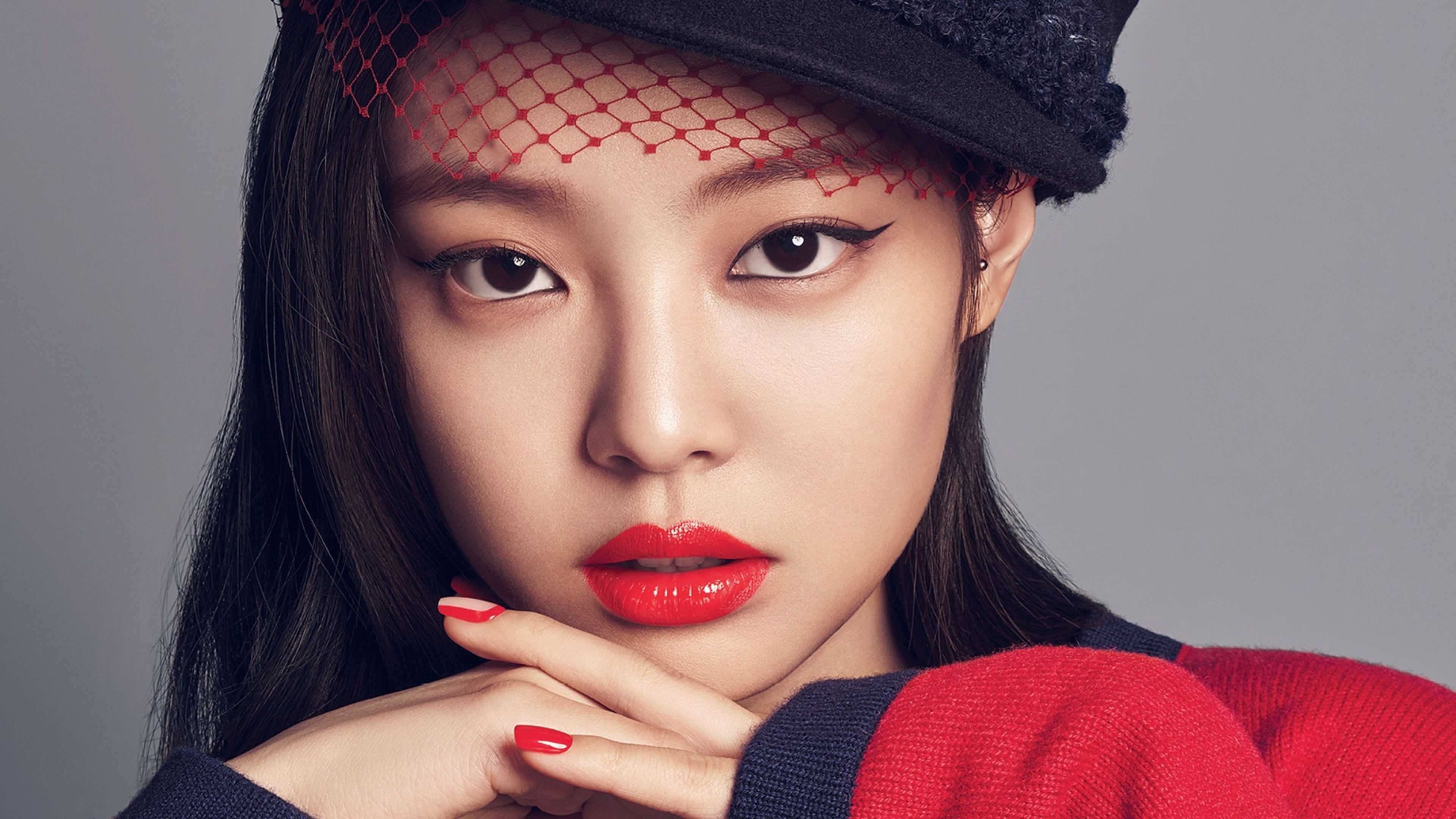 Jennie Kim, red birdcage veil, bold red lipstick, 4K Desktop wallpaper