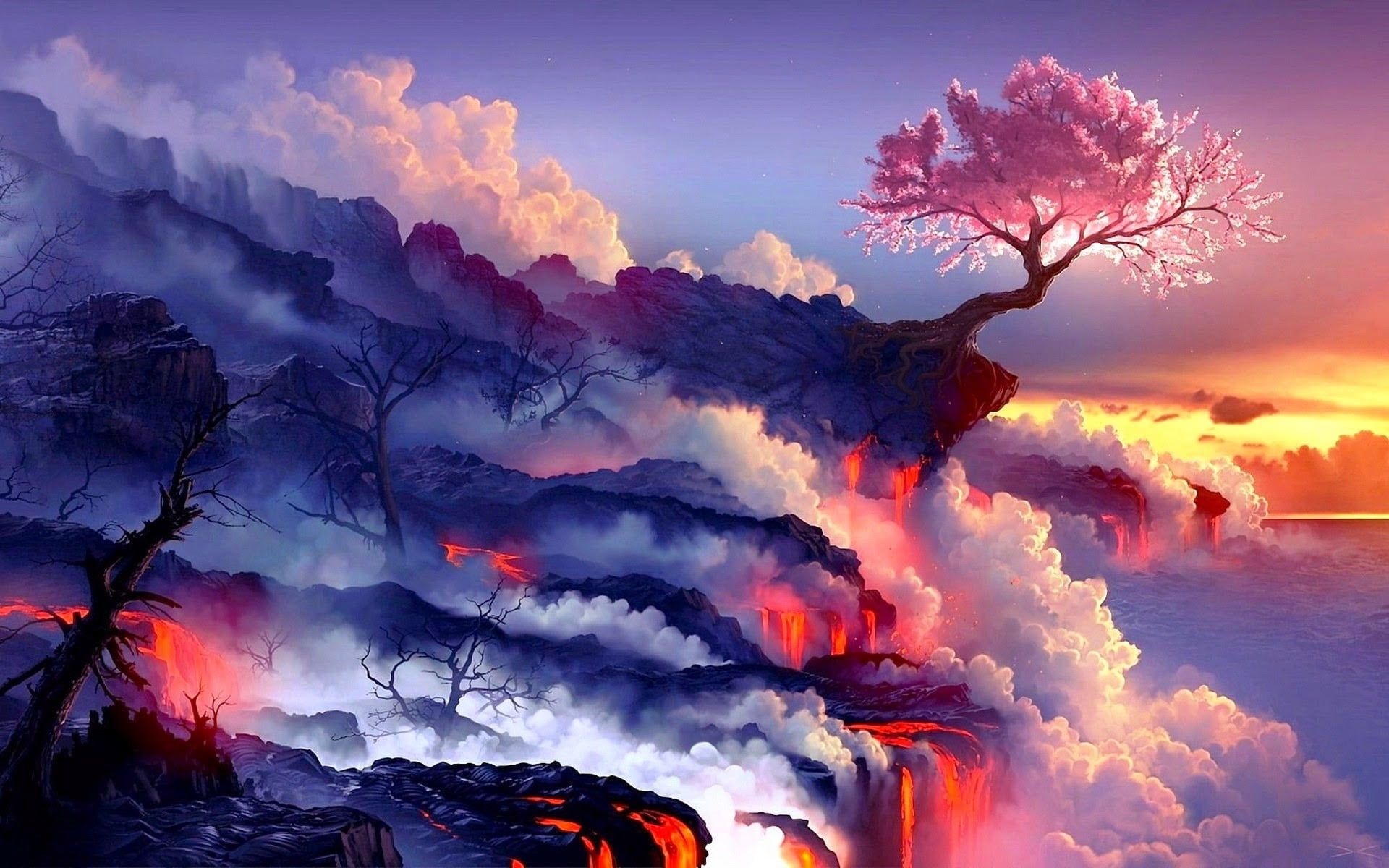 Glowing sakura tree on cliff, Volcanic lava waterfalls, Steaming mountain landscape, HD Desktop wallpaper