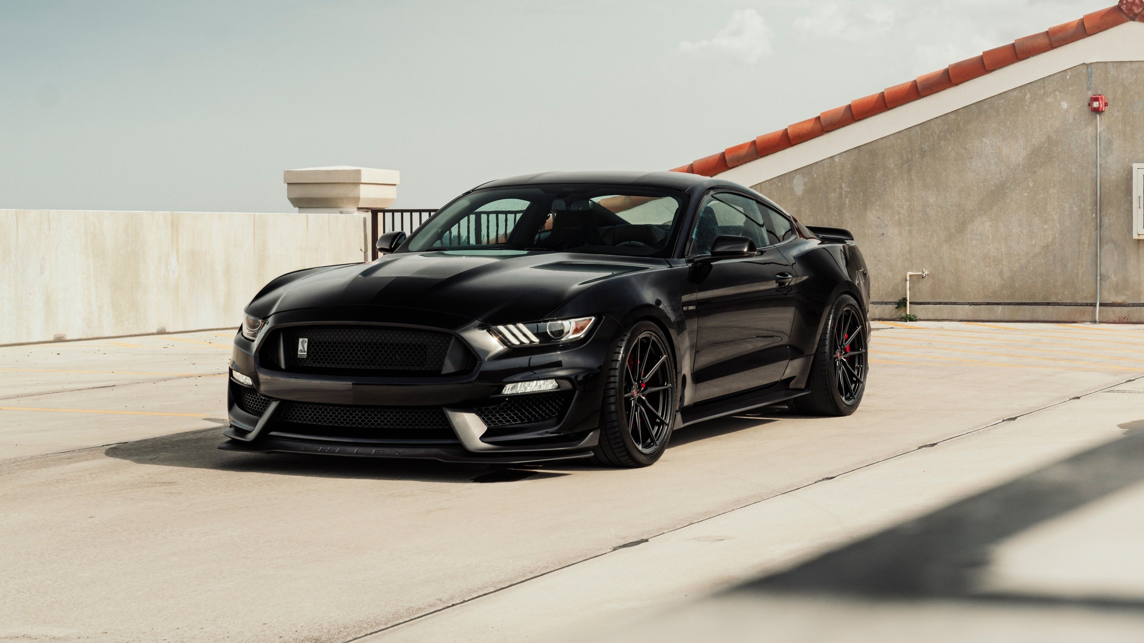 Ford Mustang Shelby GT350, Concrete rooftop parking lot, Gloss black sports coupe, 4K Desktop wallpaper
