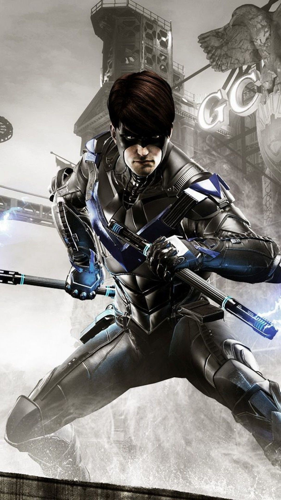 Nightwing, Electrified Escrima sticks, Gotham City rooftop, Full HD Phone wallpaper