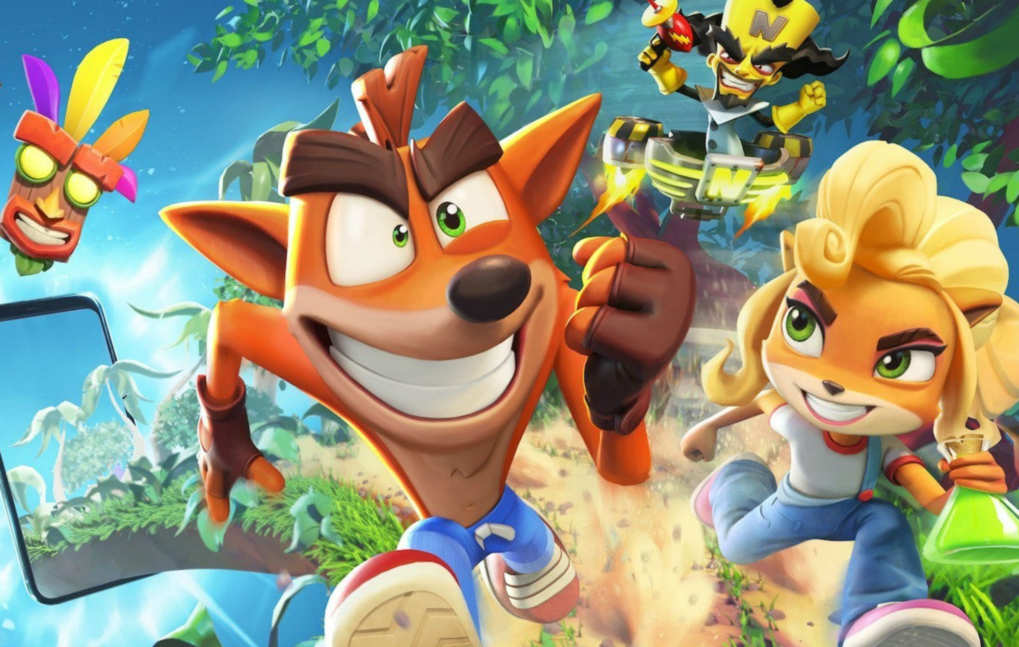 Crash Bandicoot character, Coco Bandicoot running, Aku Aku mask, Doctor Neo Cortex hoverboard, Crash Bandicoot: On the Run!, HD Desktop wallpaper