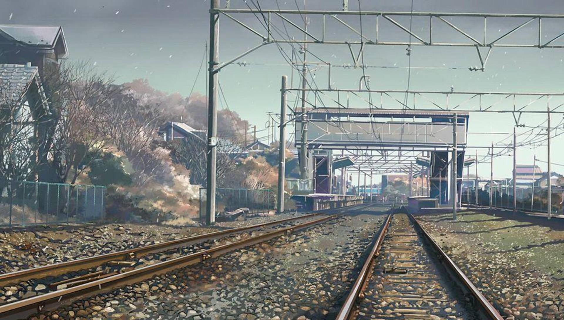 Iwafune Station, 5 Centimeters per Second, Snowy railway platform footbridge, HD Desktop wallpaper
