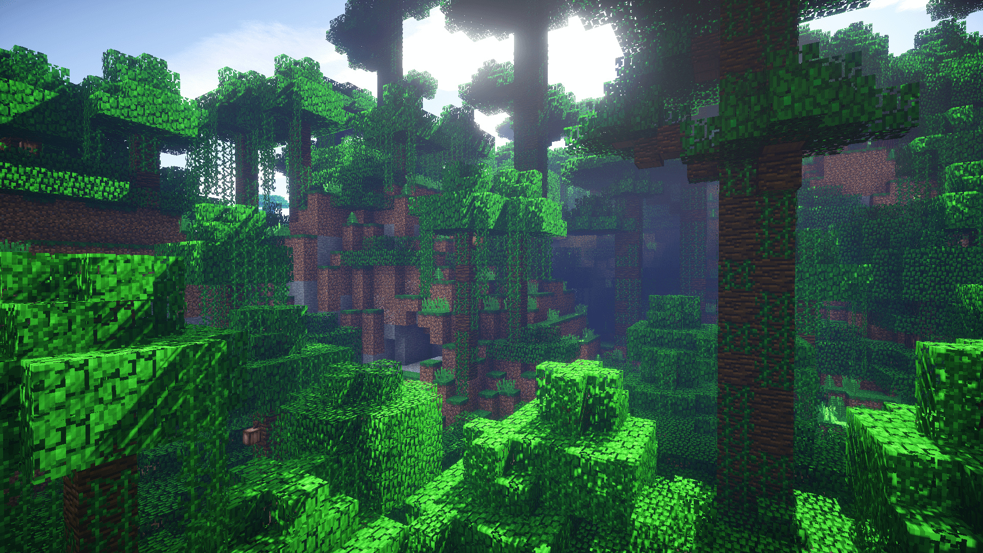 Minecraft jungle biome, tall jungle trees, shader sunlight god rays, Full HD Desktop wallpaper