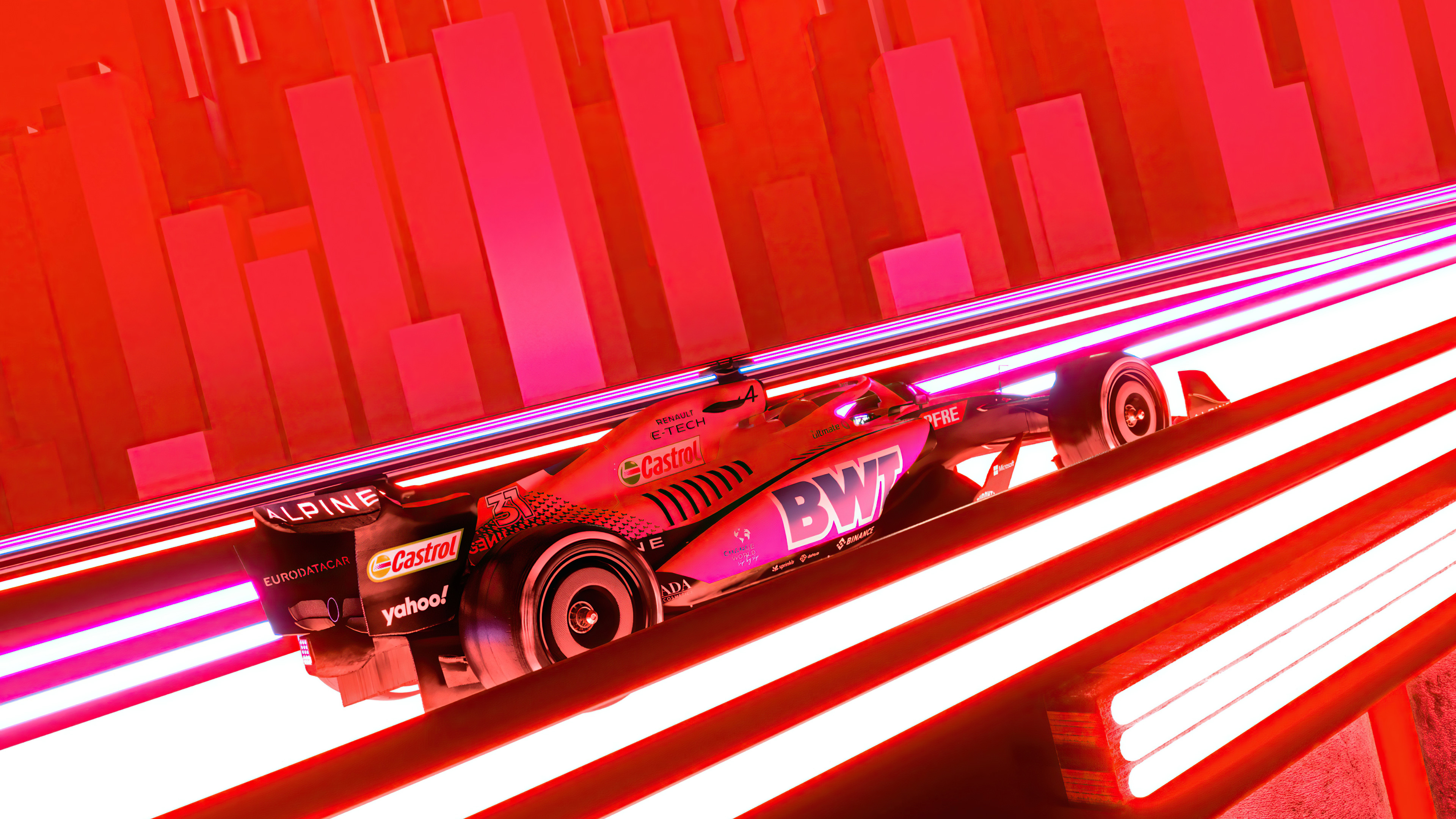 BWT Alpine A522 F1 car, Illuminated neon light track, Neon red ambient lighting, 4K Desktop wallpaper
