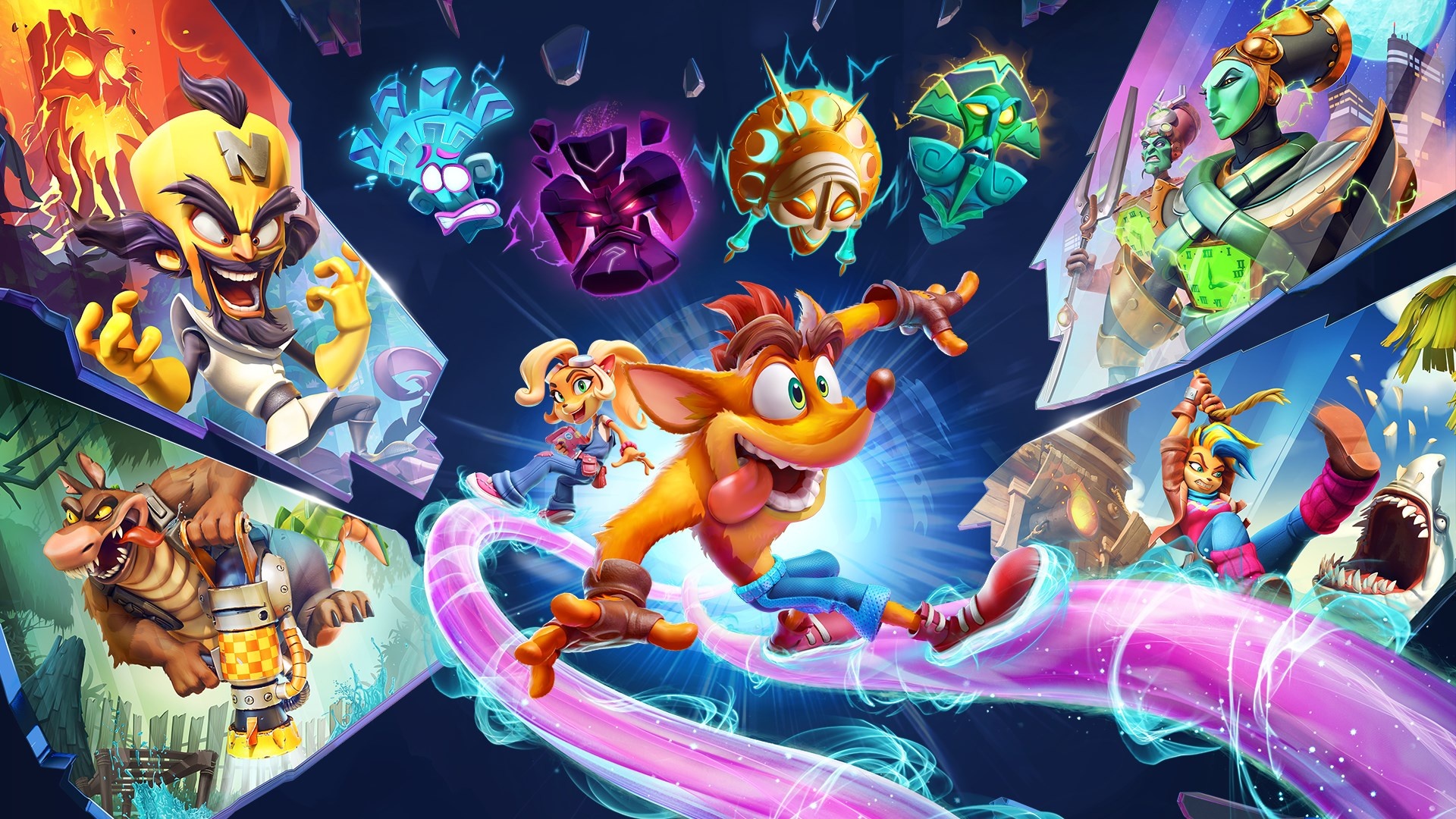 Crash Bandicoot 4: It's About Time, Crash Bandicoot, Doctor Neo Cortex, Quantum Masks, Coco Bandicoot, Full HD Desktop wallpaper