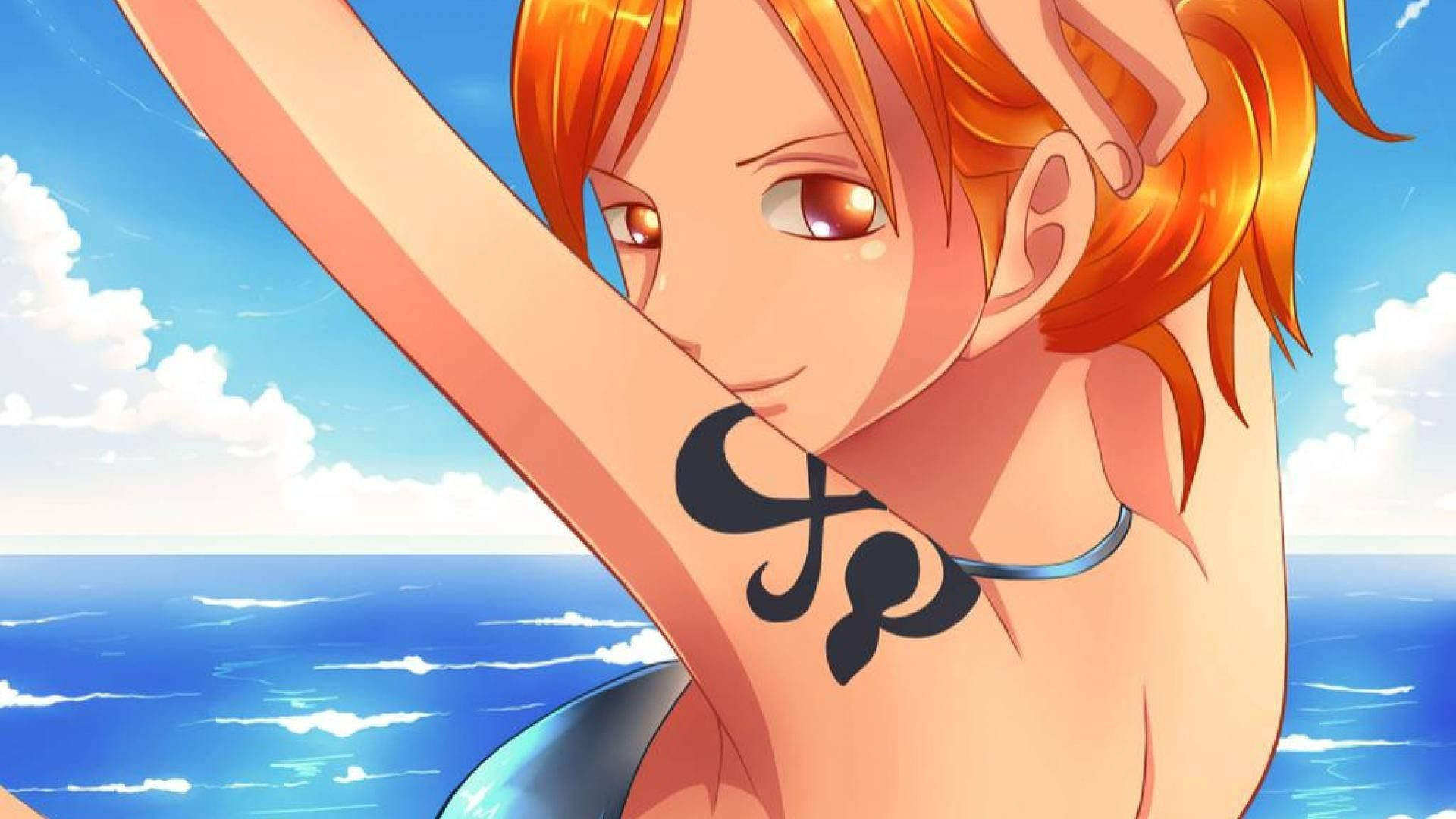 Nami, pinwheel and mikan tattoo, sunny blue ocean, Full HD Desktop wallpaper
