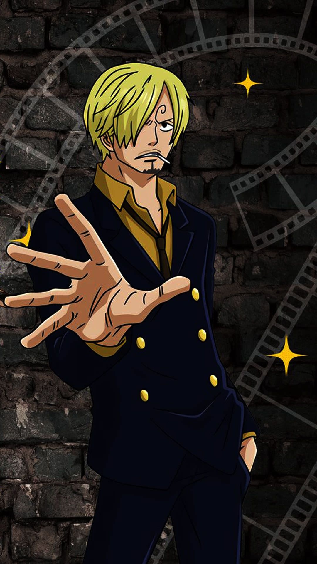 Vinsmoke Sanji, film strip graphics, dark brick wall, Full HD Phone wallpaper