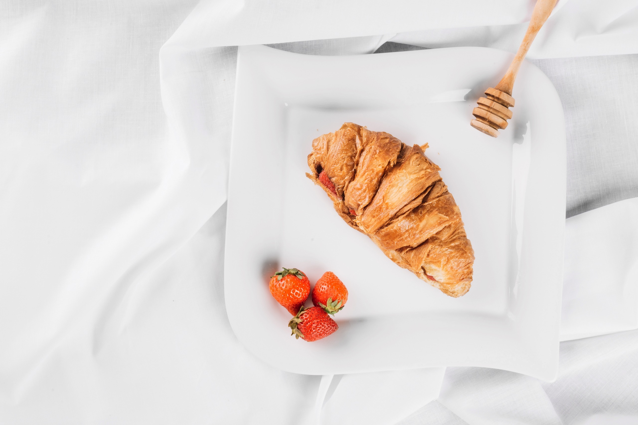 Croissants on white plates, Strawberries and fruit, High definition, Appetizing, 2560x1710 HD Desktop