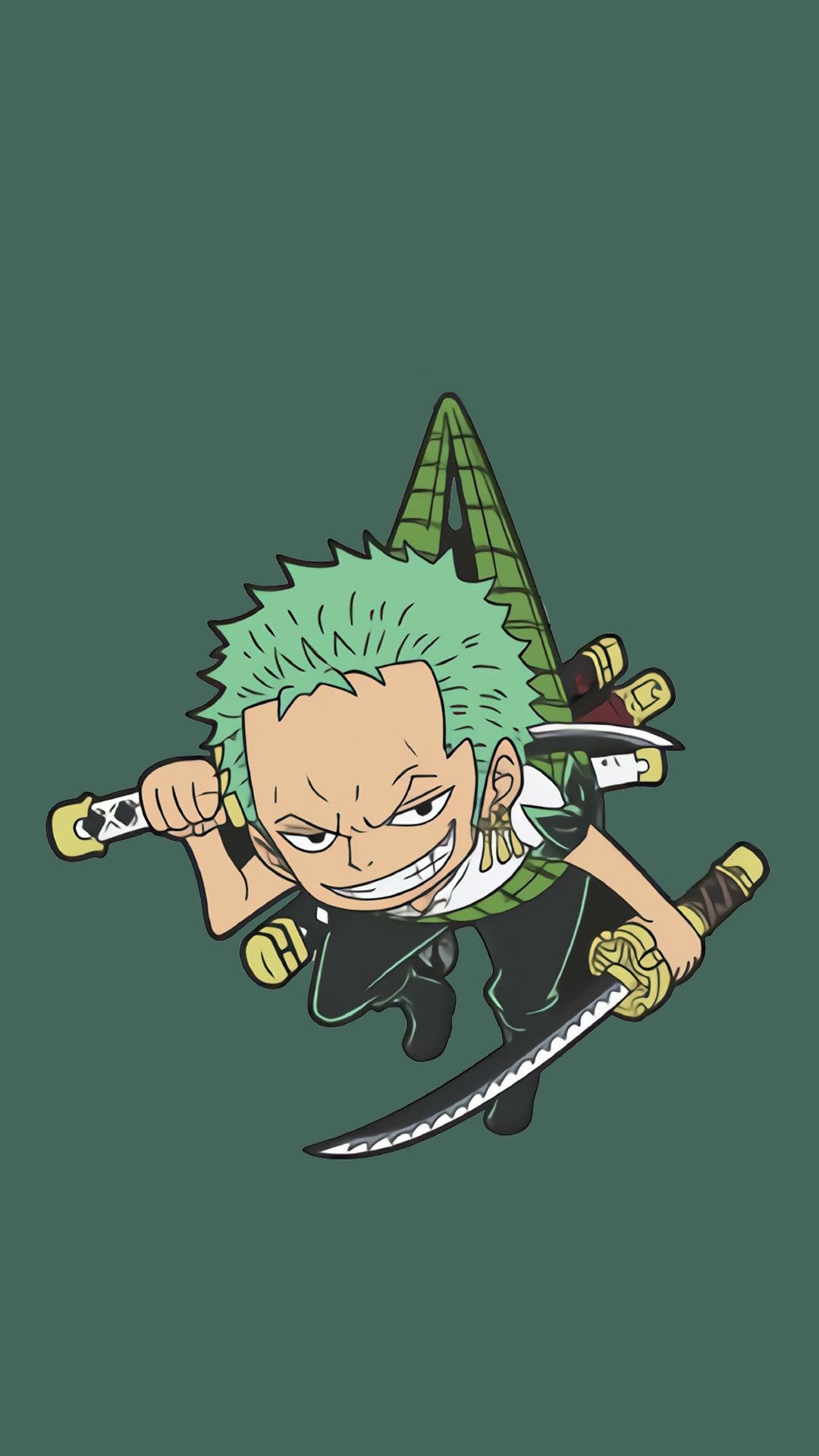 Chibi Roronoa Zoro, Katana swords, Solid green backdrop, Full HD Phone wallpaper