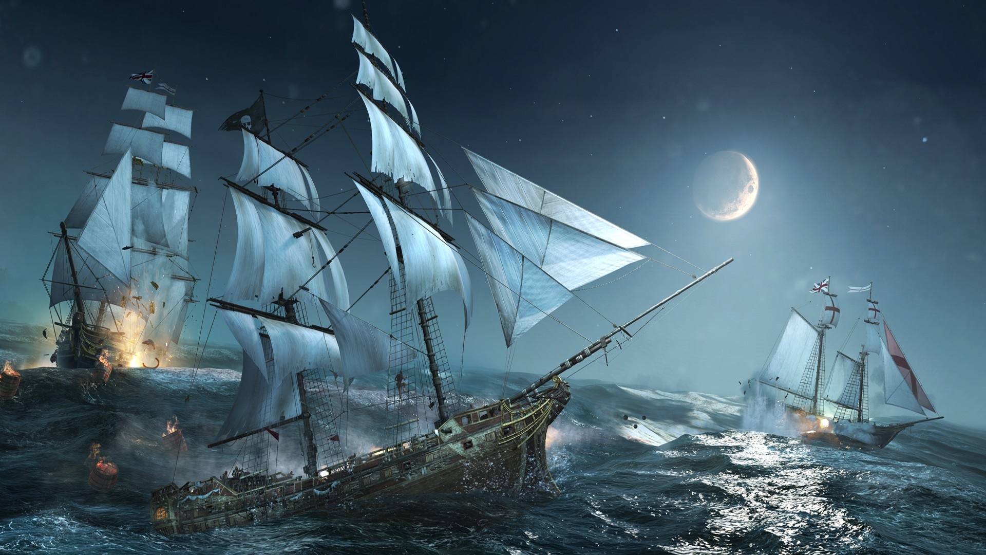 Assassin's Creed IV: Black Flag, Jackdaw pirate ship, Night naval combat, Full HD Desktop wallpaper