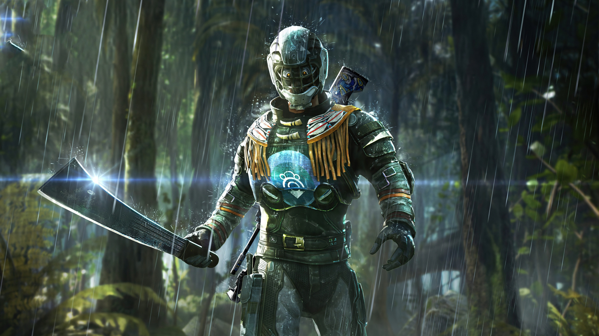 PUBG Mobile soldier, tactical machete, rainy Sanhok jungle, Full HD Desktop wallpaper