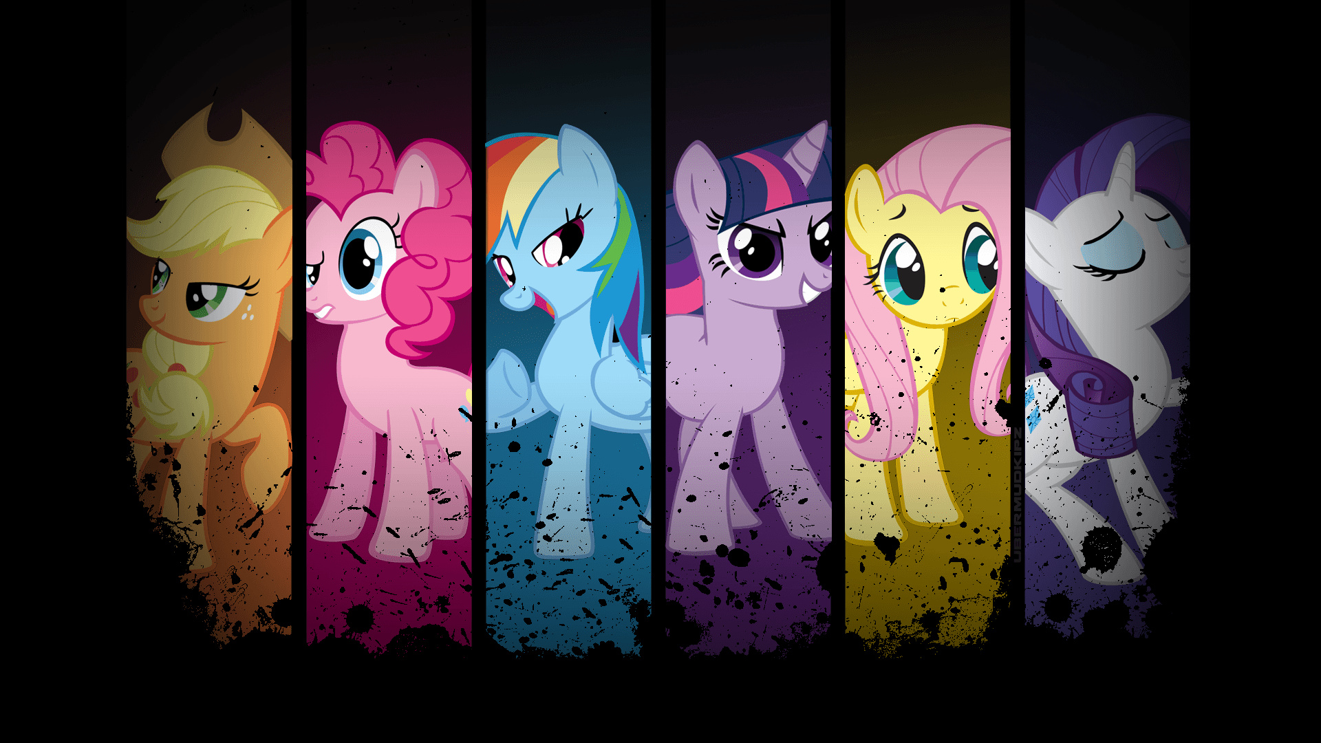 Mane Six characters collage, Rainbow Dash and Twilight Sparkle, Pinkie Pie and Applejack, Fluttershy and Rarity, Splatter paint grunge panels, Full HD Desktop wallpaper