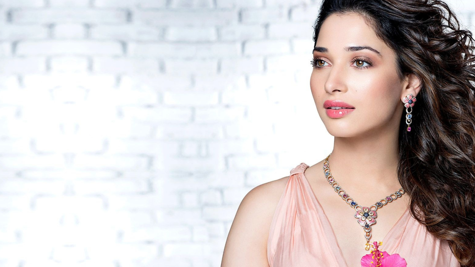 Tamannaah Bhatia, Floral gemstone necklace, Pastel pink dress, Full HD Desktop wallpaper