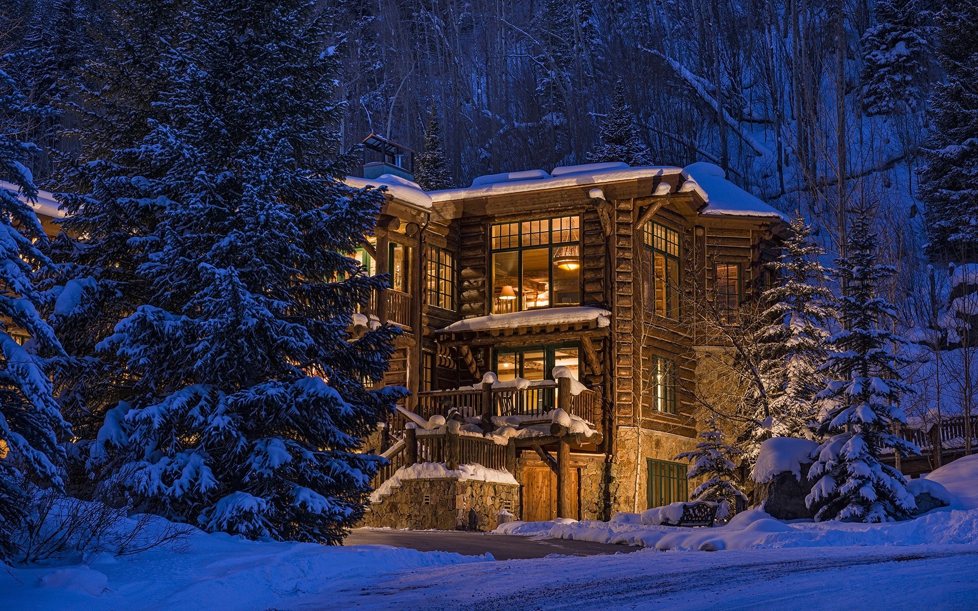 Forest night wallpaper, Winter wood house, Luxury cabin, Colorado, 1920x1200 HD Desktop