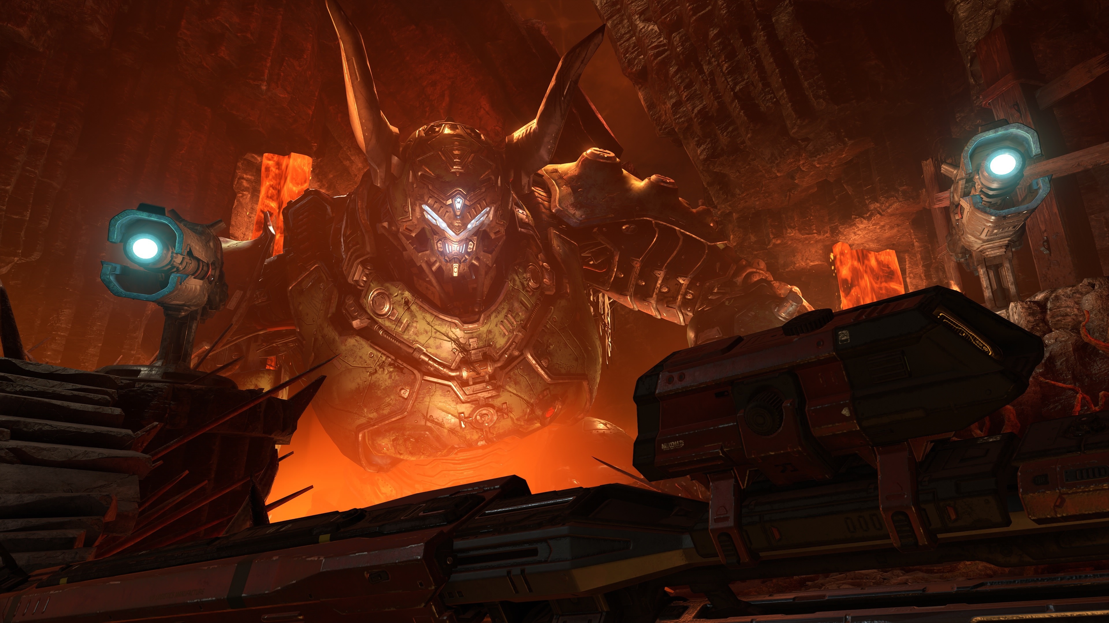 Doom Eternal Atlan mech, Glowing shoulder mounted cannons, Submerged molten lava cavern, 4K Desktop wallpaper
