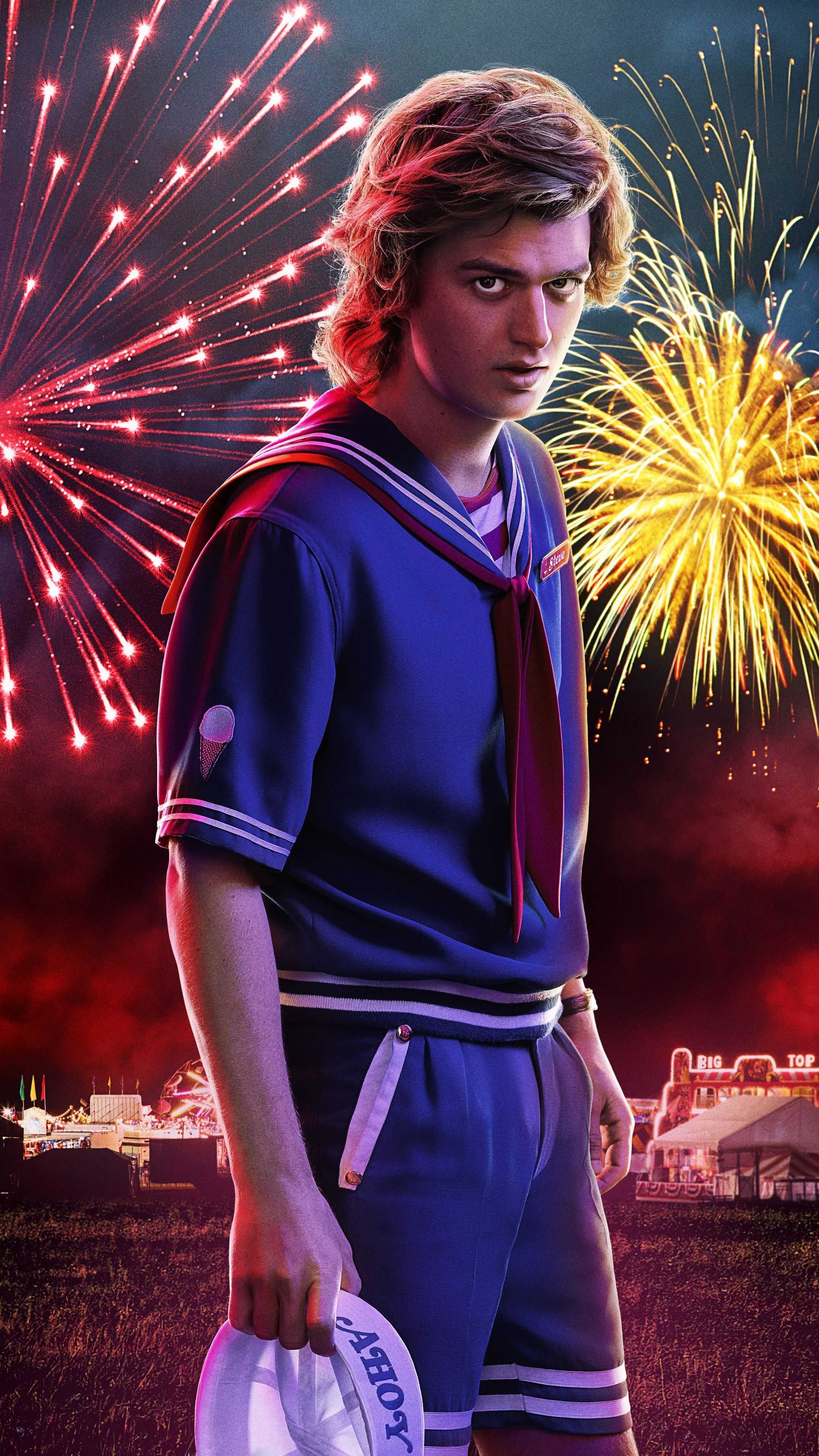 Joe Keery as Steve Harrington, Scoops Ahoy uniform, Fourth of July fireworks, 4K Phone wallpaper