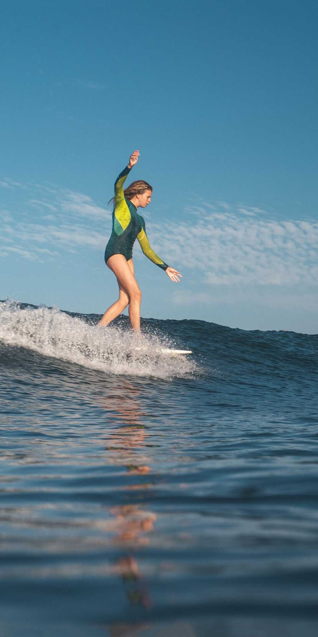 Girl Surfing, Cool Wallpaper, 1080x2160 HD Phone