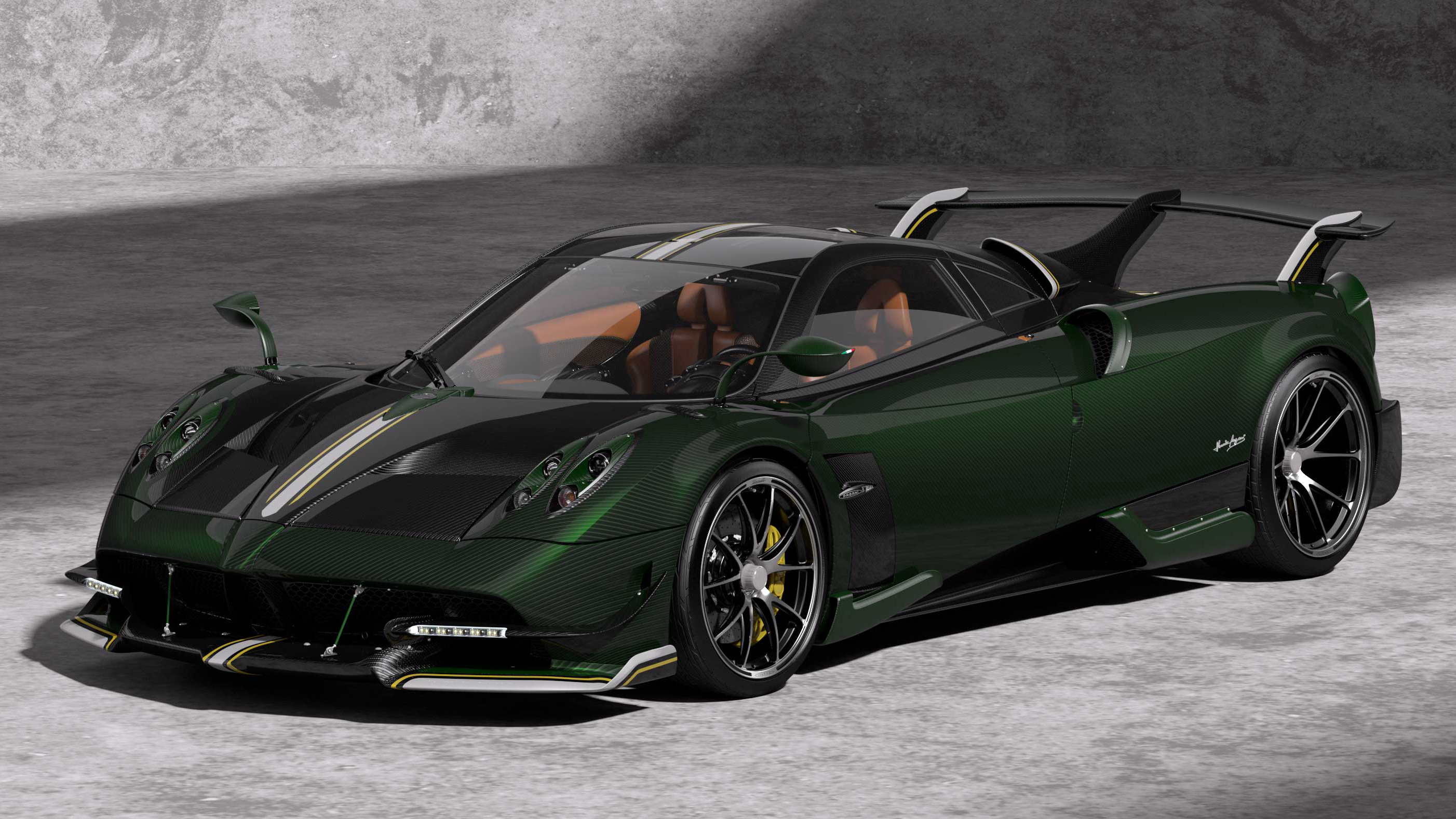 Pagani Huayra BC, Green carbon fiber body, Tan leather interior, HD Desktop wallpaper