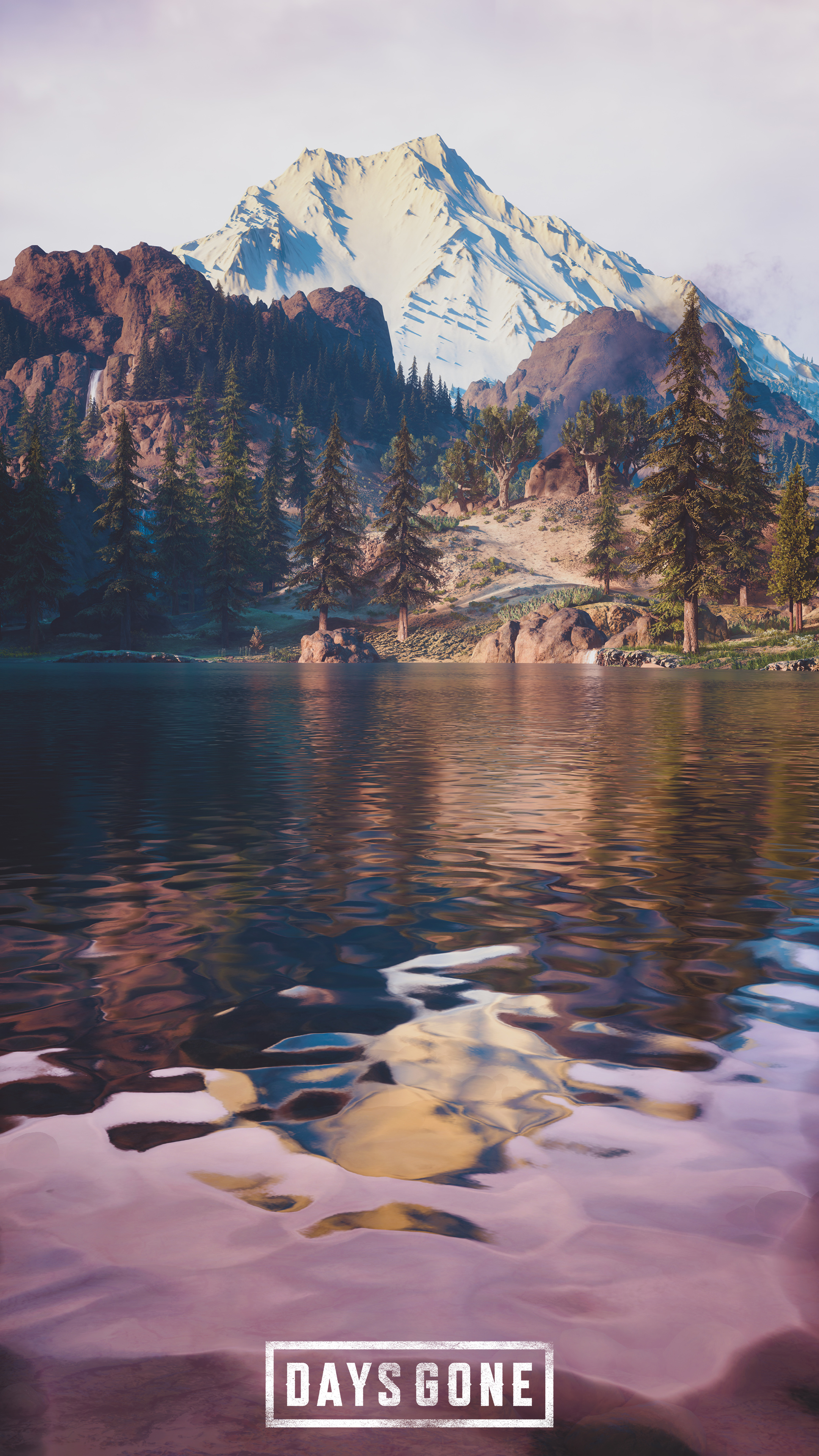 DAYS GONE logo, snow-capped mountain peak, reflective alpine lake, 4K Phone wallpaper