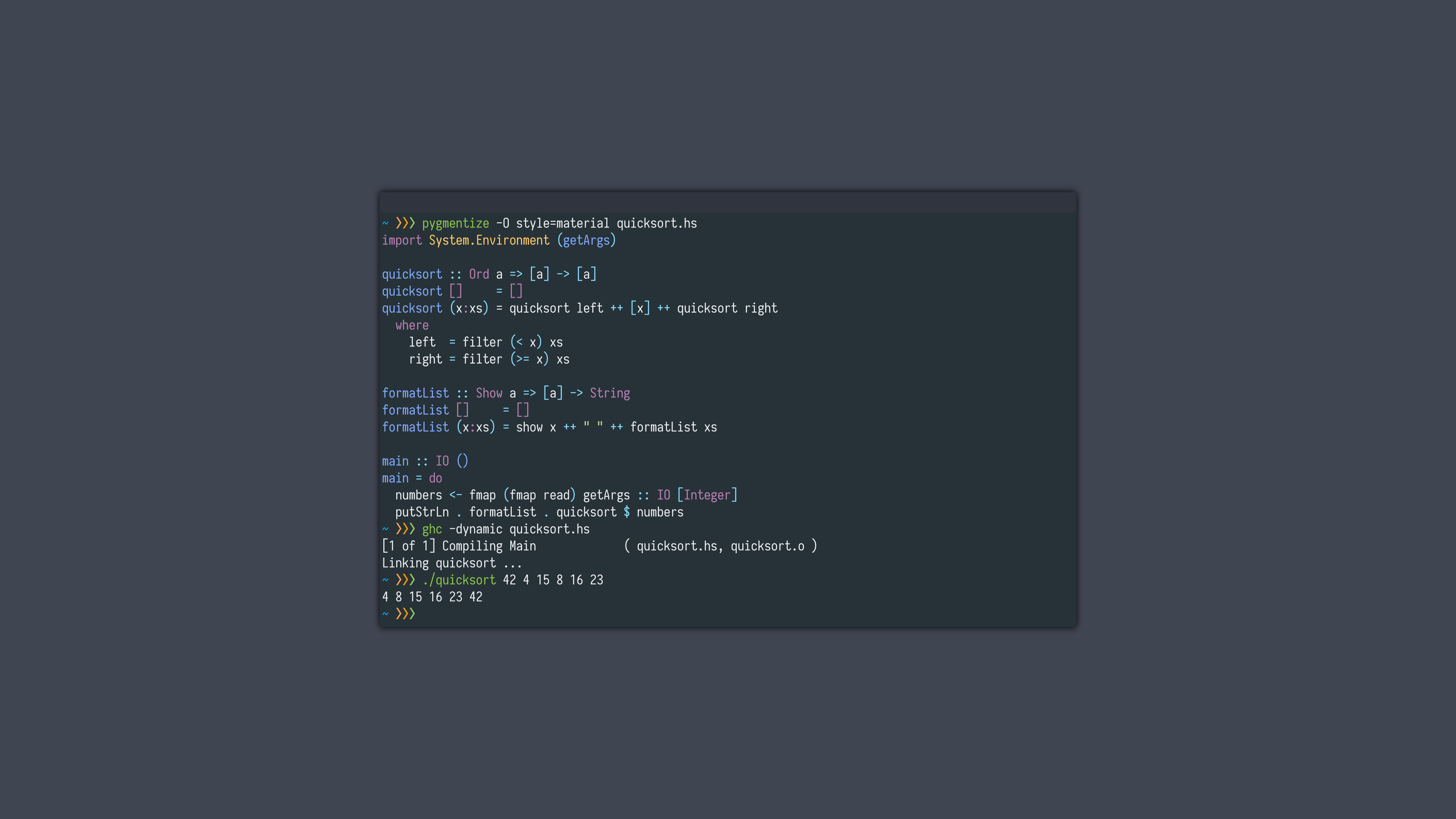 Haskell quicksort code, ghc -dynamic quicksort.hs, dark terminal window, 4K Desktop wallpaper