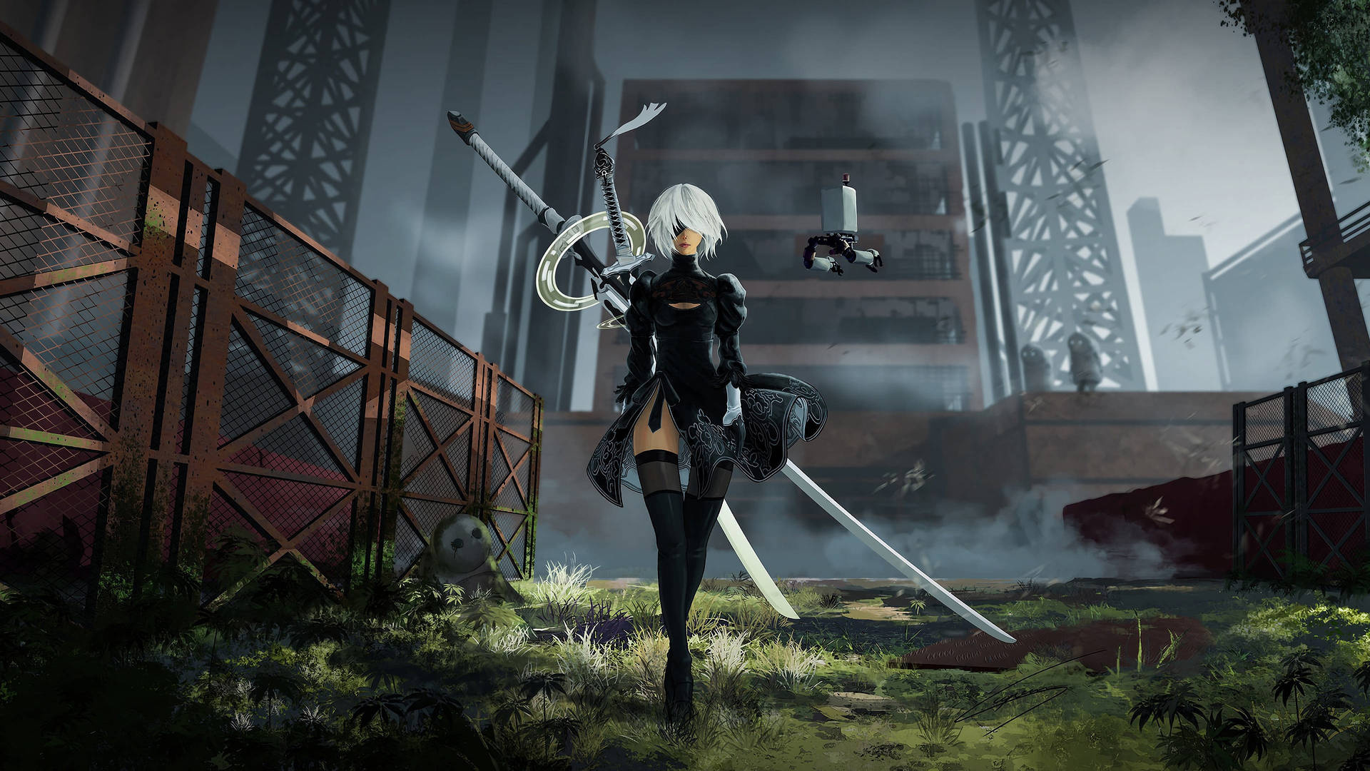2B NieR Automata, Pod 042 support unit, Overgrown factory ruins, Full HD Desktop wallpaper