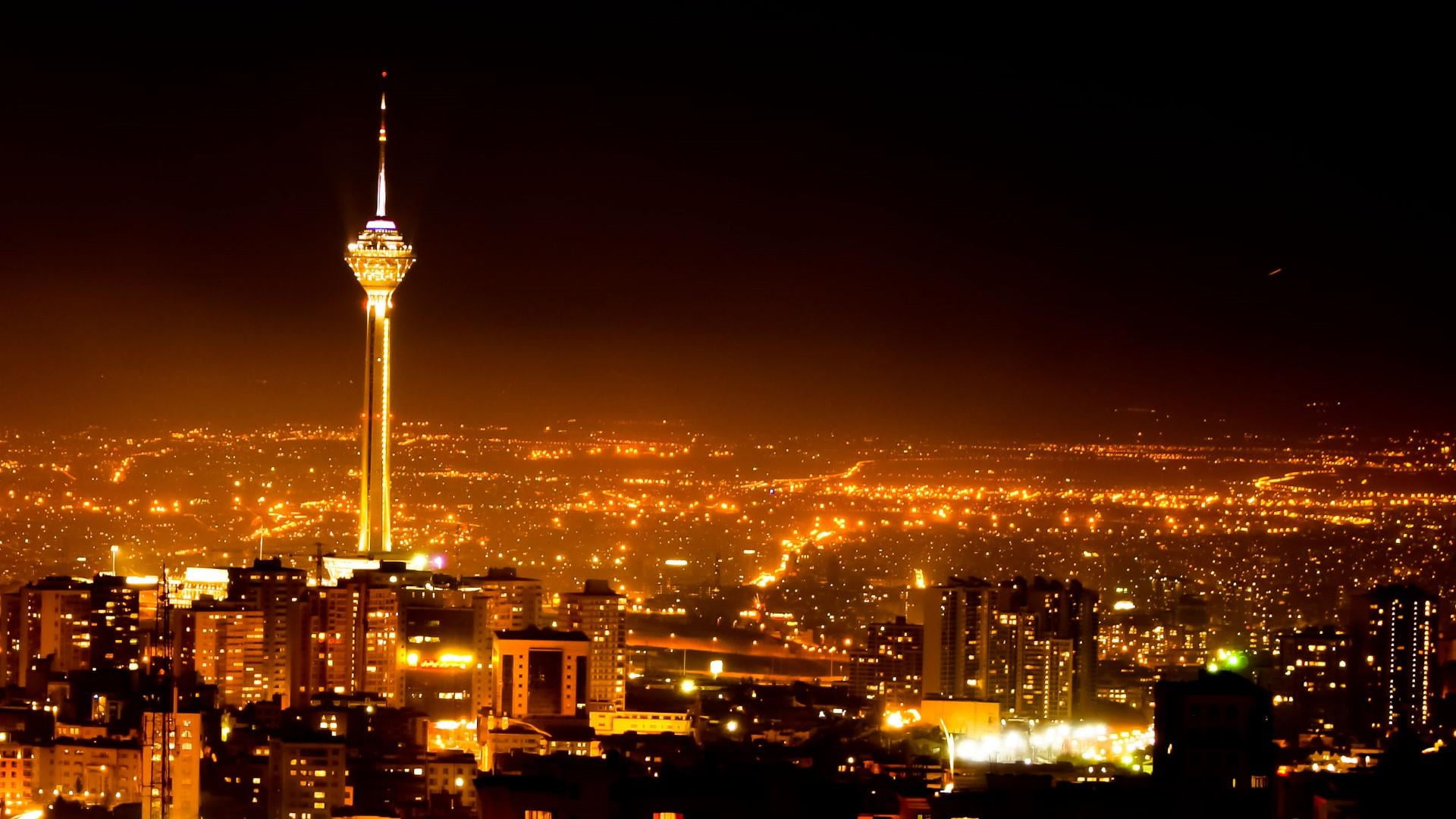Milad Tower, Tehran night skyline, illuminated cityscape lights, Full HD Desktop wallpaper