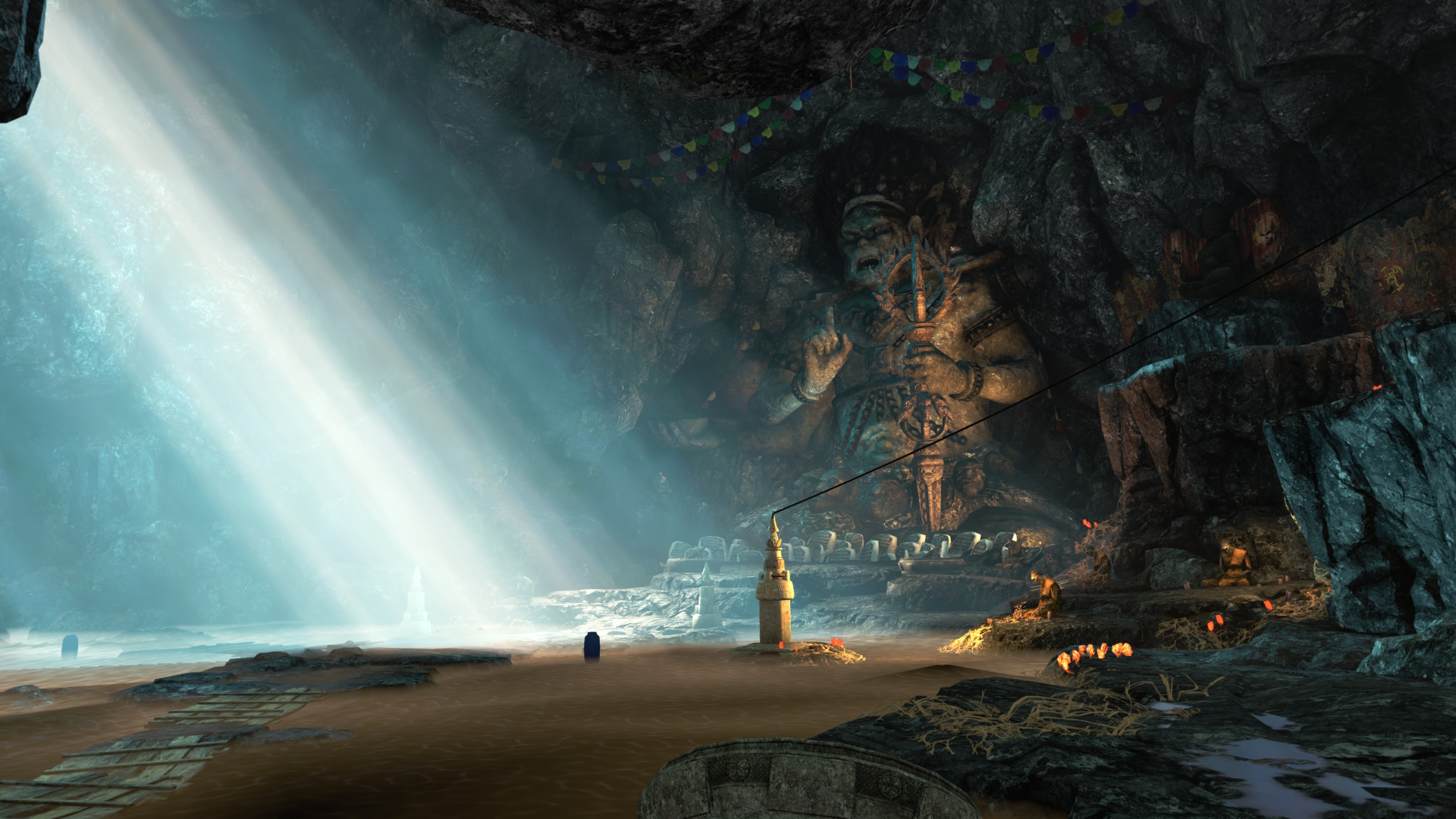 Far Cry 4 Kyrat shrine, Carved deity cave statue, Tibetan prayer flags, 4K Desktop wallpaper