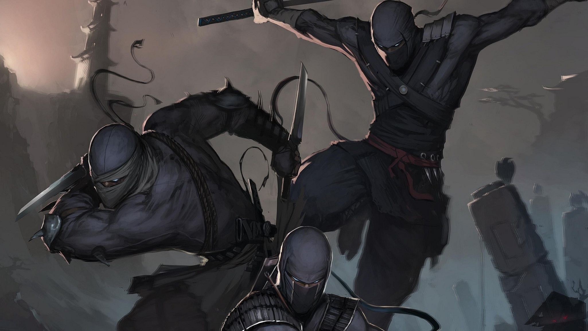 Masked shinobi warriors, Katana and kunai blades, Misty pagoda background, HD Desktop wallpaper
