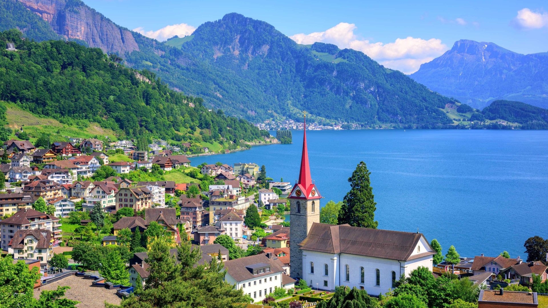 Gersau village, Lake Lucerne, Pfarrkirche St. Marzellus, Full HD Desktop wallpaper