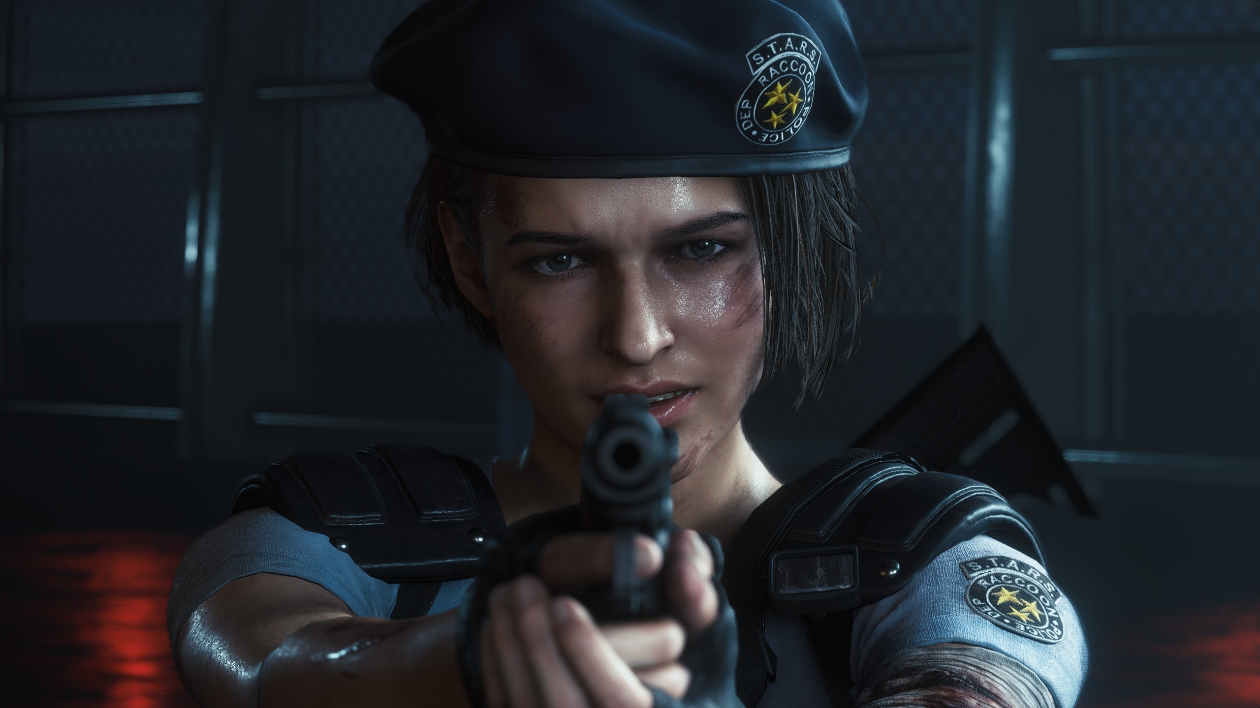 Jill Valentine, S.T.A.R.S. uniform, aimed handgun, HD Desktop wallpaper